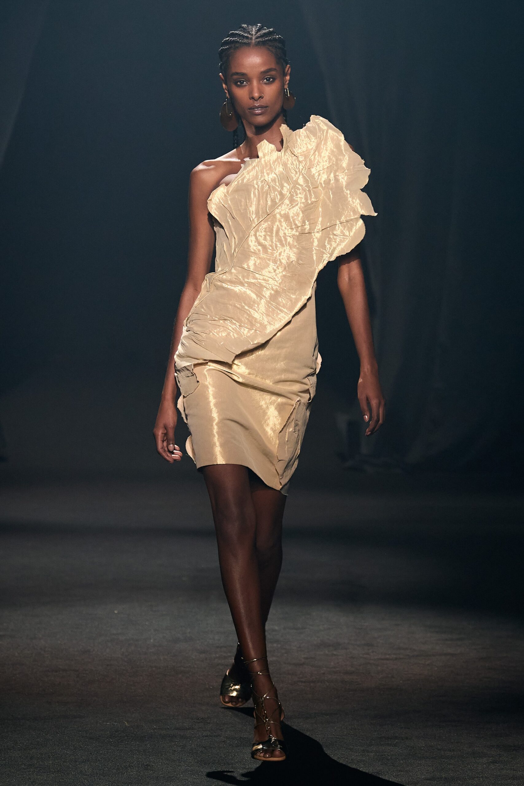 gold silk asymmetric ruffled dress