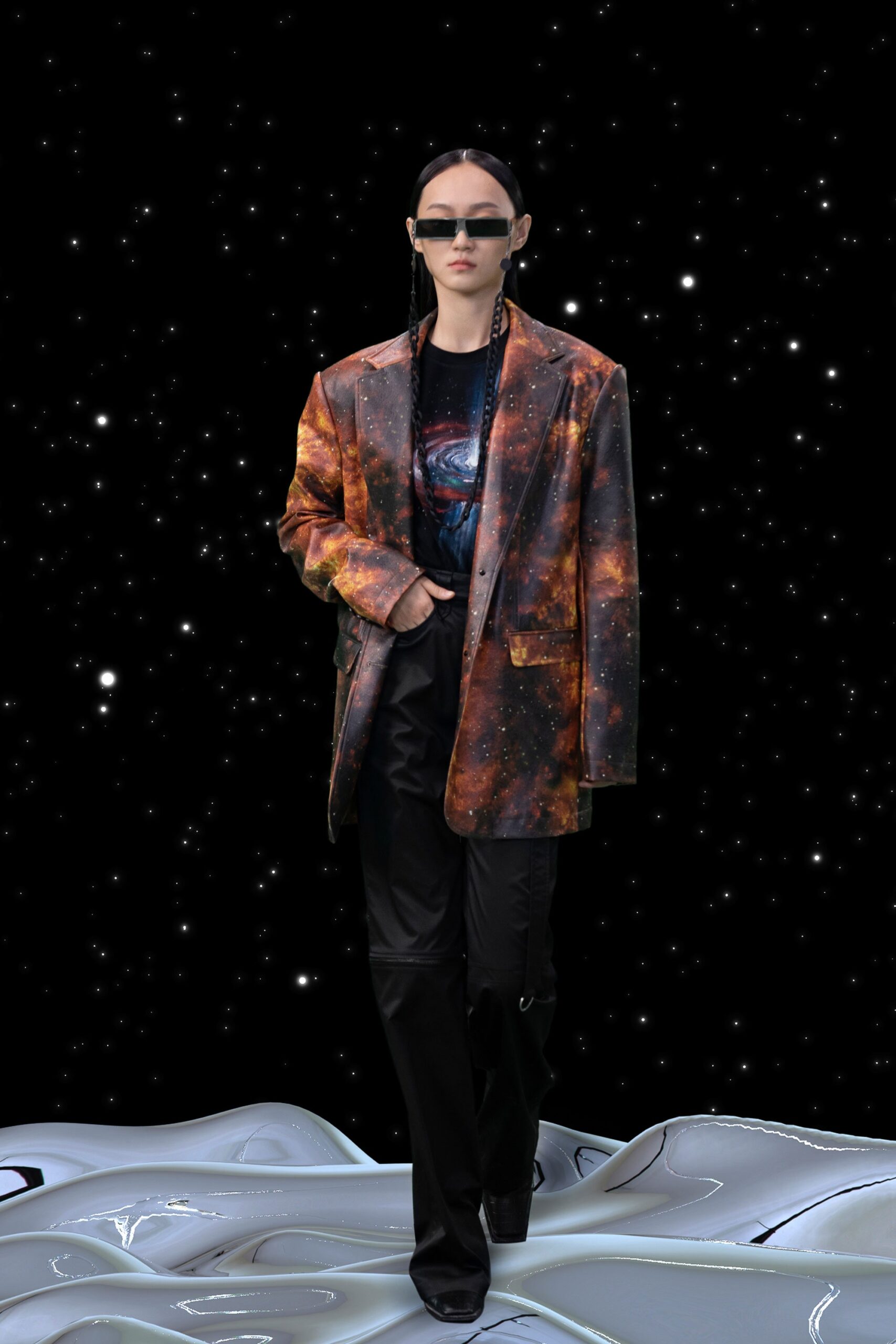 multi-colored blazer with black t-shirt