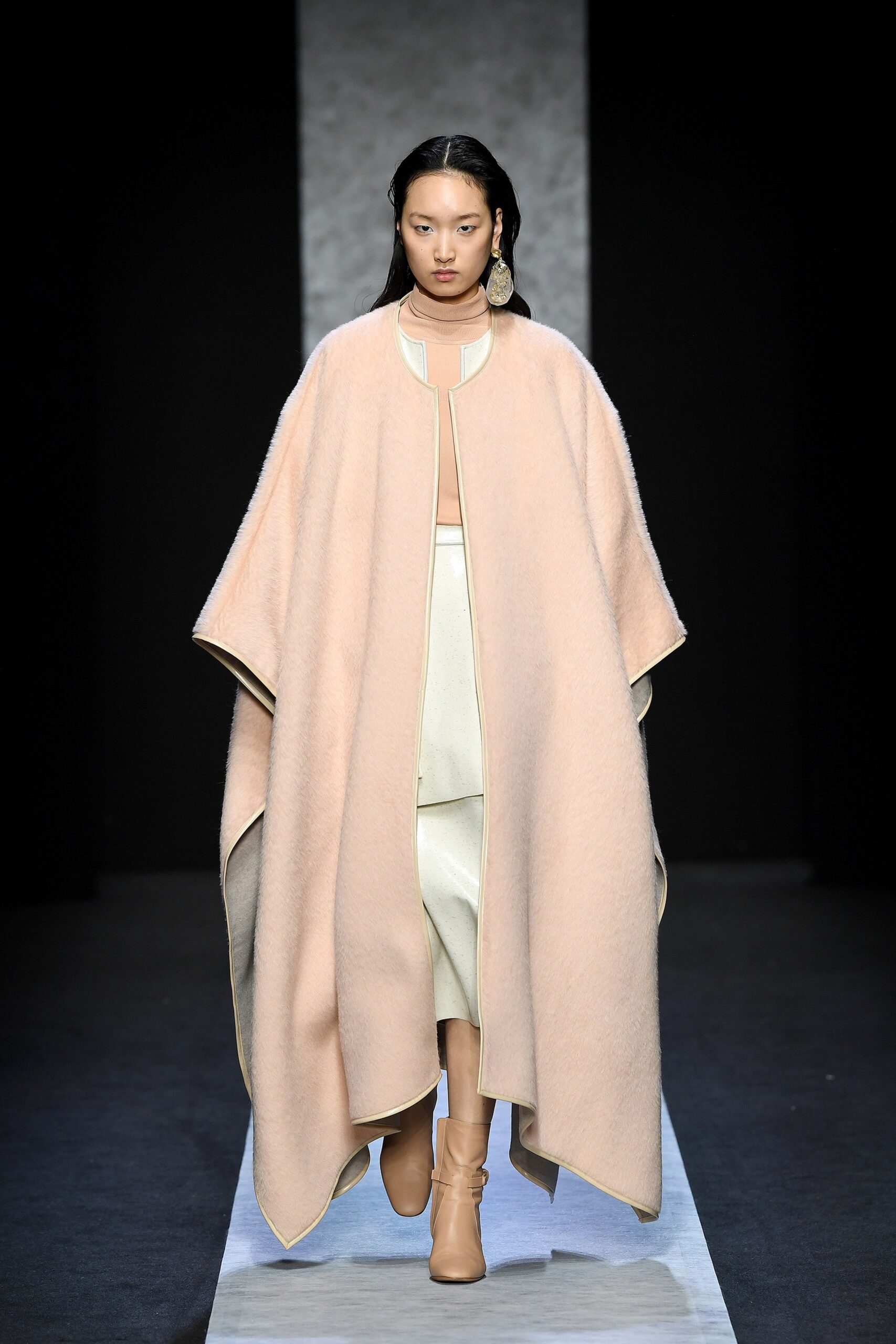 pink wool cape and white dress