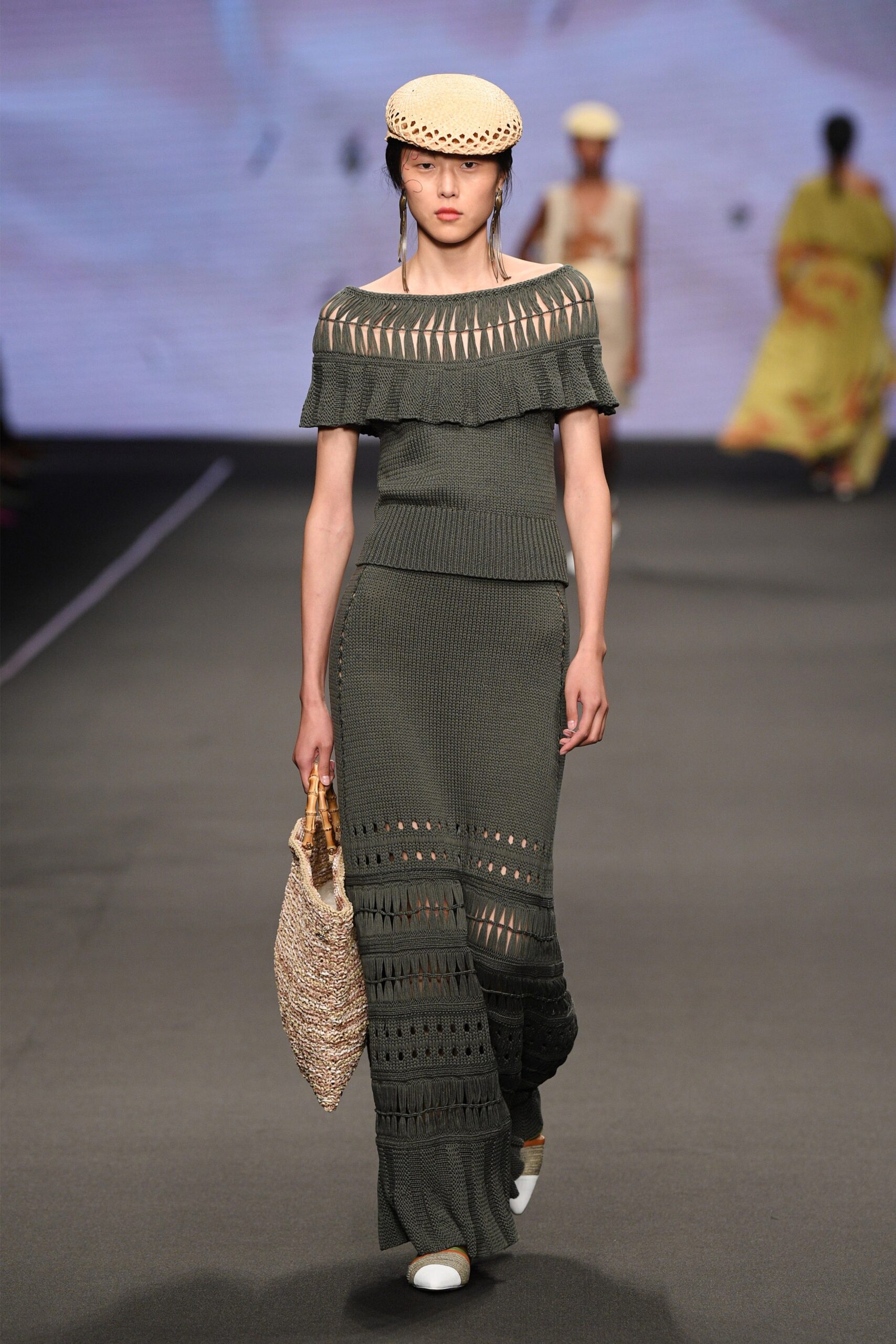 green cotton sleeveless off-shoulder fitted tiered maxi dress