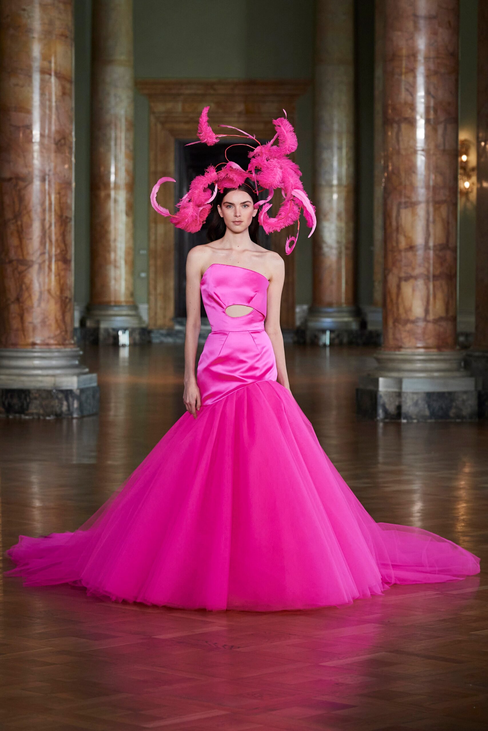 pink strapless tulle gown