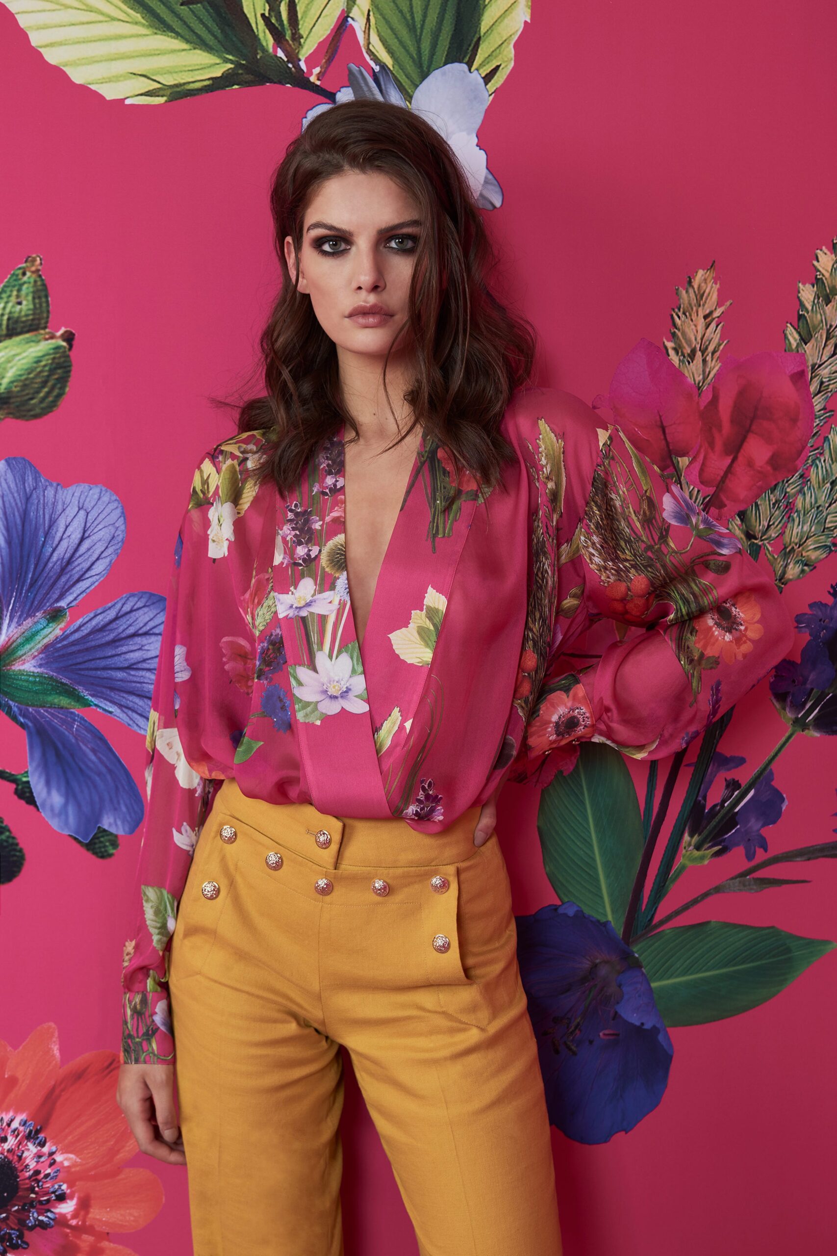 yellow cotton tailored straight-leg buttoned pants