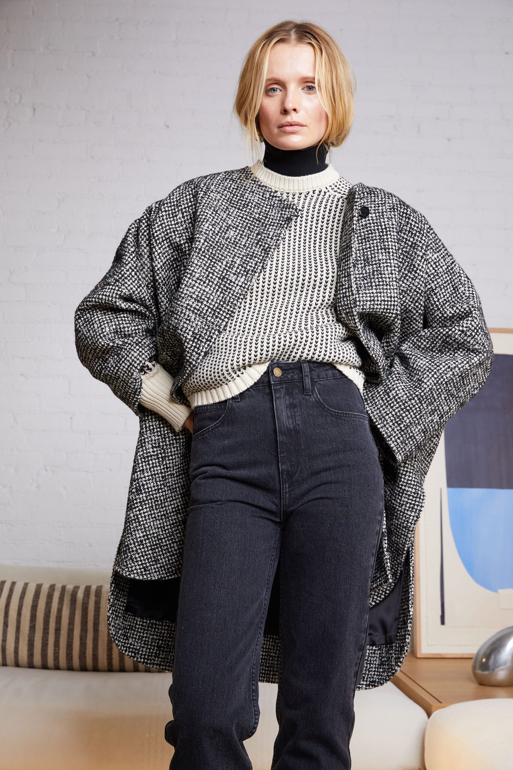 oversized black and white coat with relaxed sweater