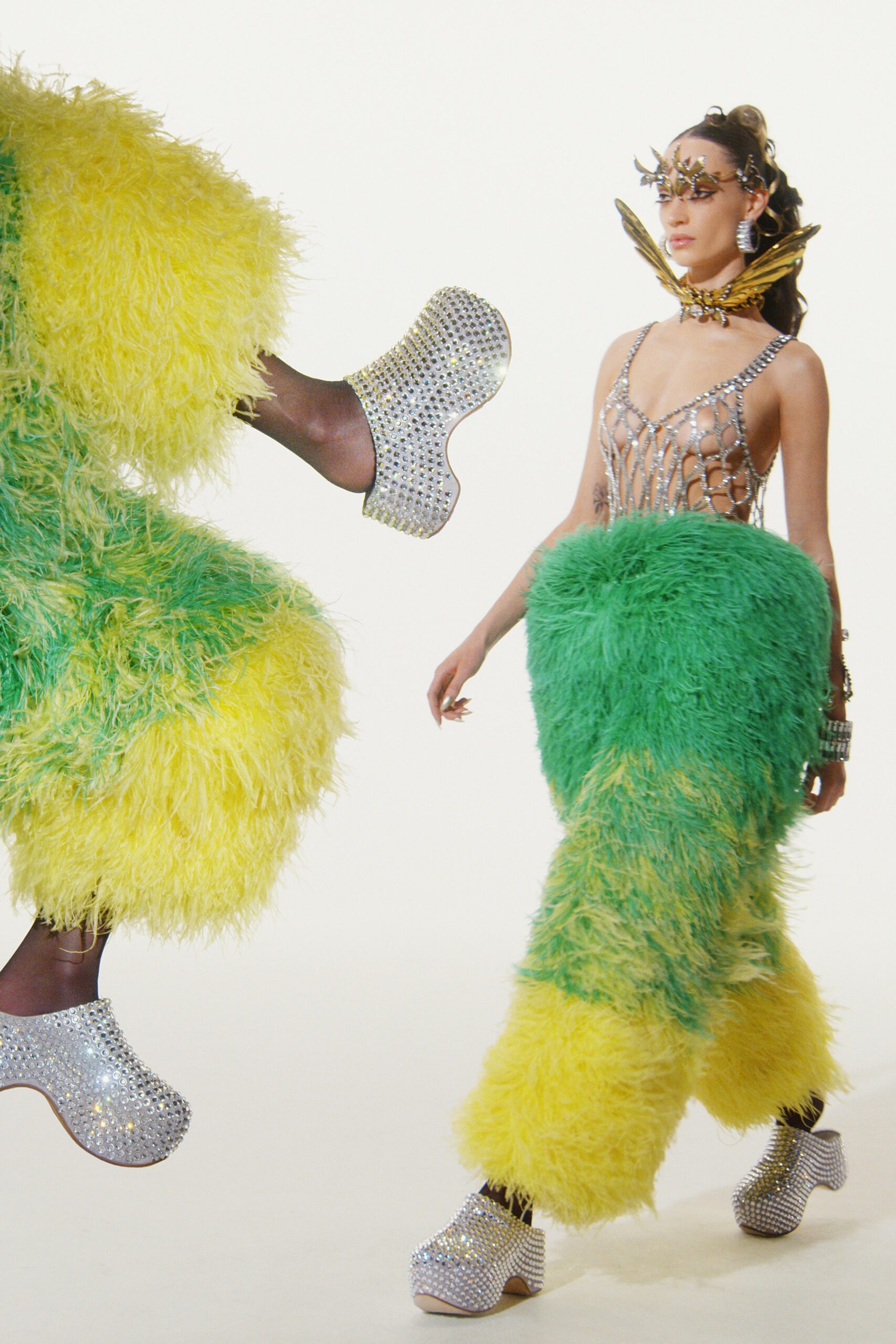 green and yellow fur jumpsuit