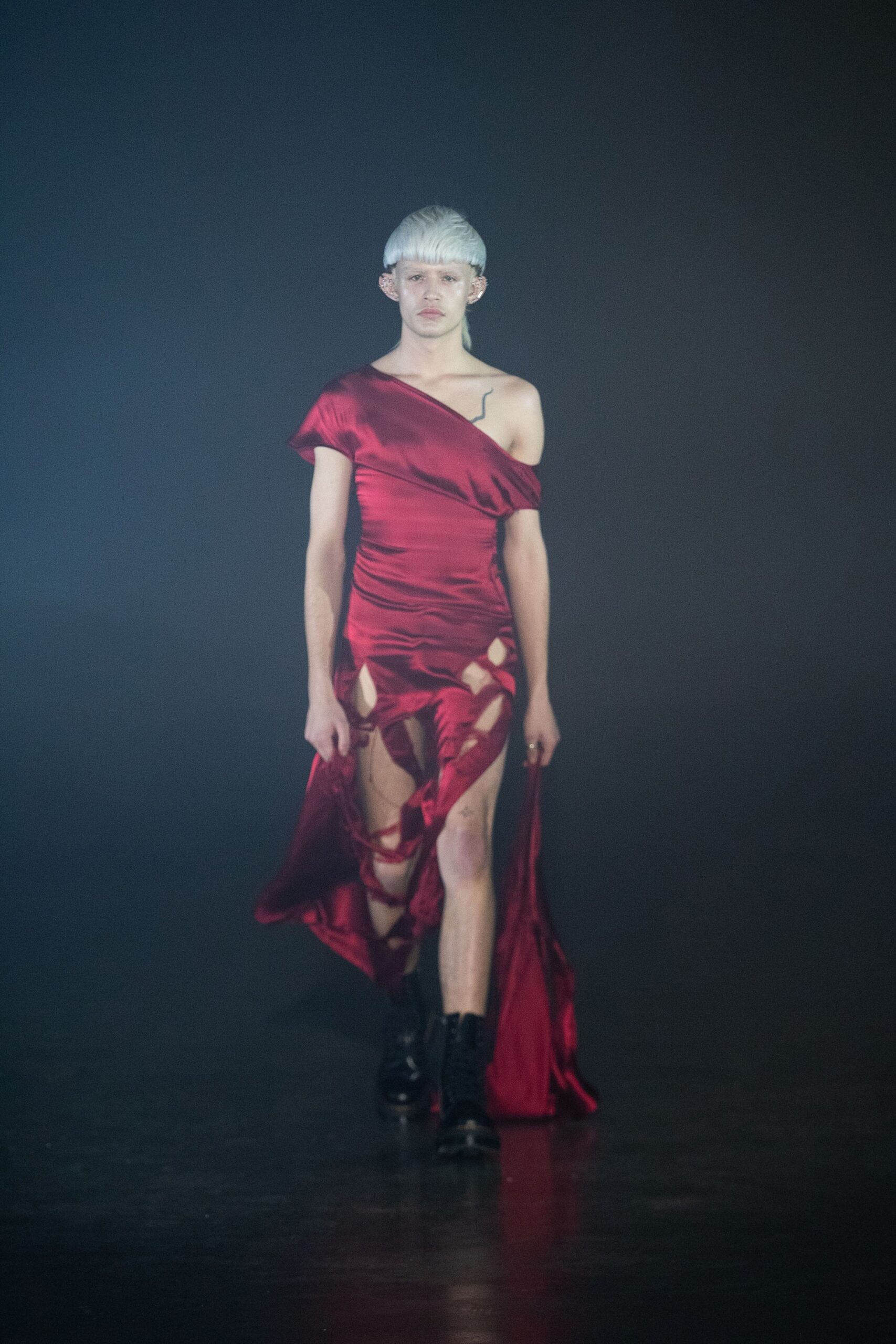 red silk off-shoulder dress