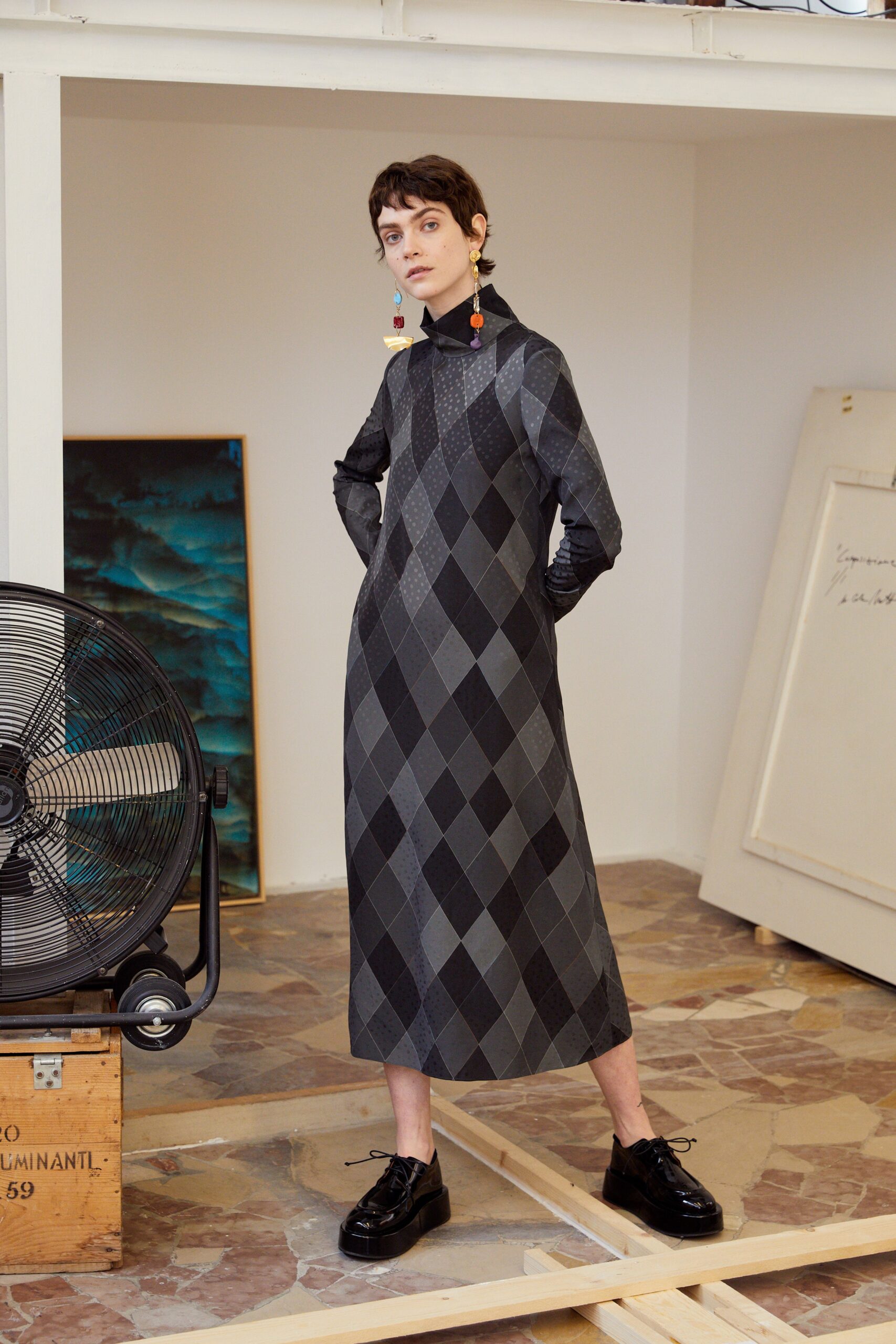 black and gray checked midi dress
