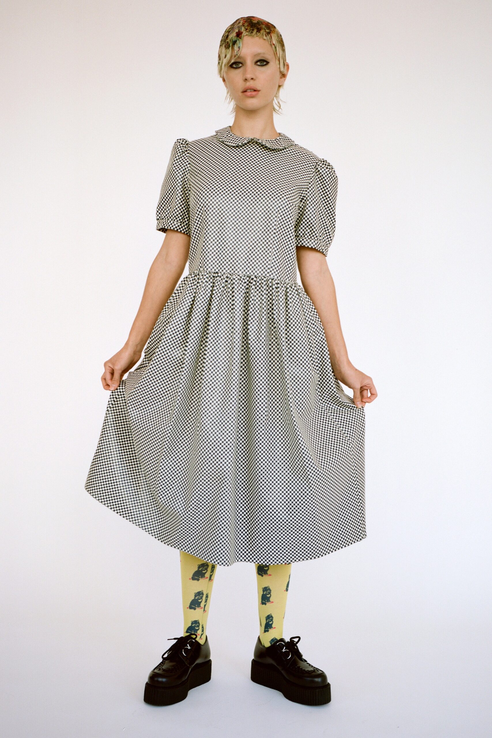 black cotton short-sleeve collared relaxed pleated a-line dress
