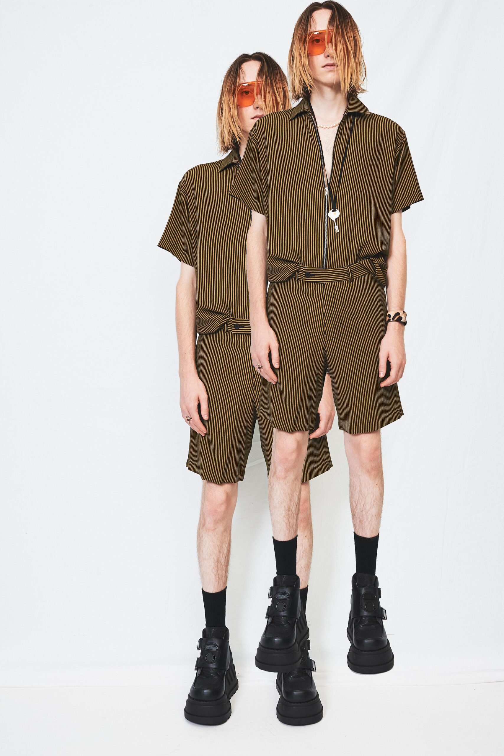 brown striped shirt and shorts