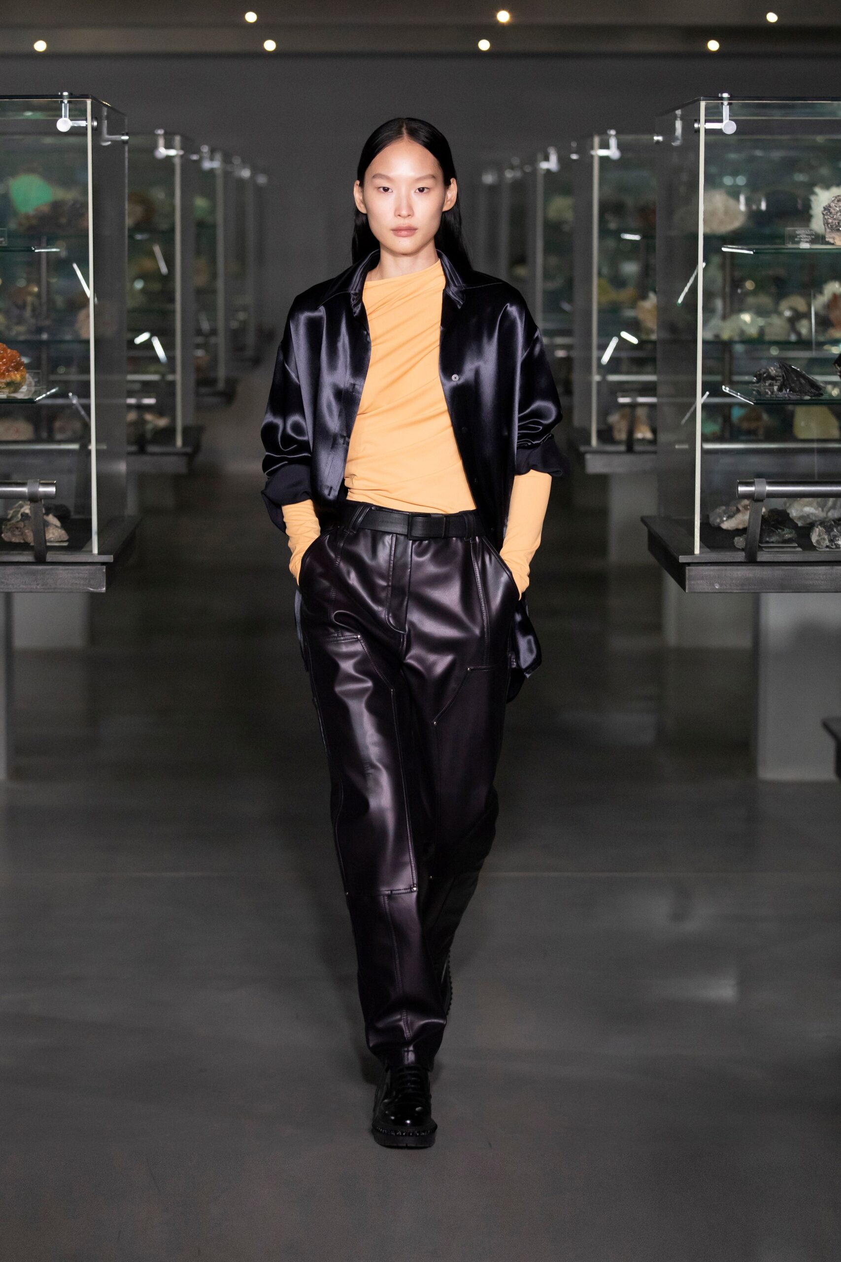 black silk long-sleeve collared oversized shiny jacket