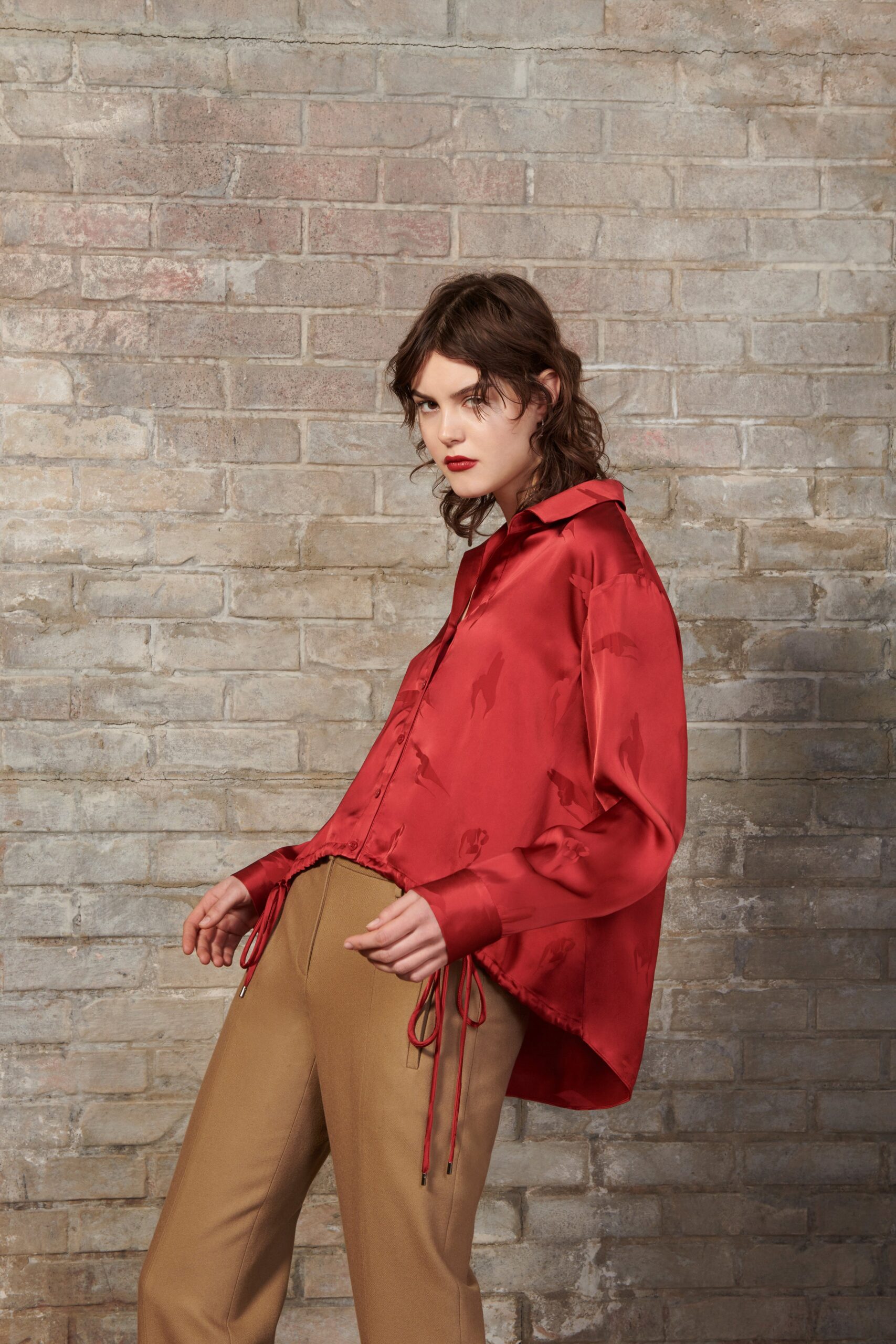 red silk long-sleeve collared relaxed buttoned shiny shirt