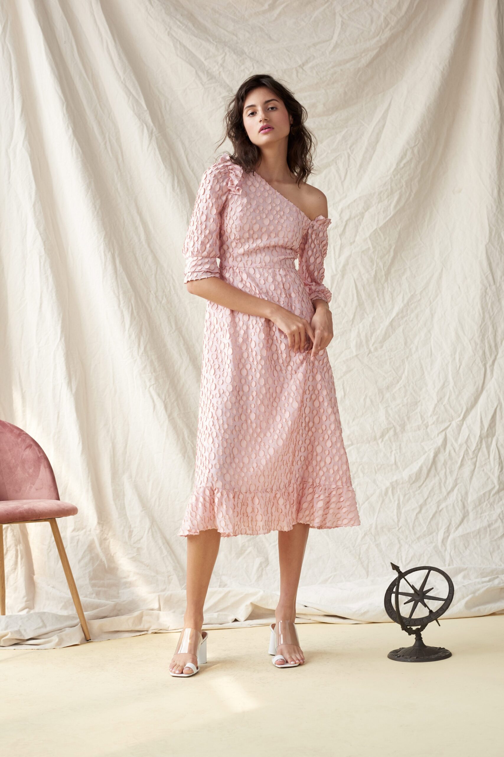 pink silk off-shoulder dress