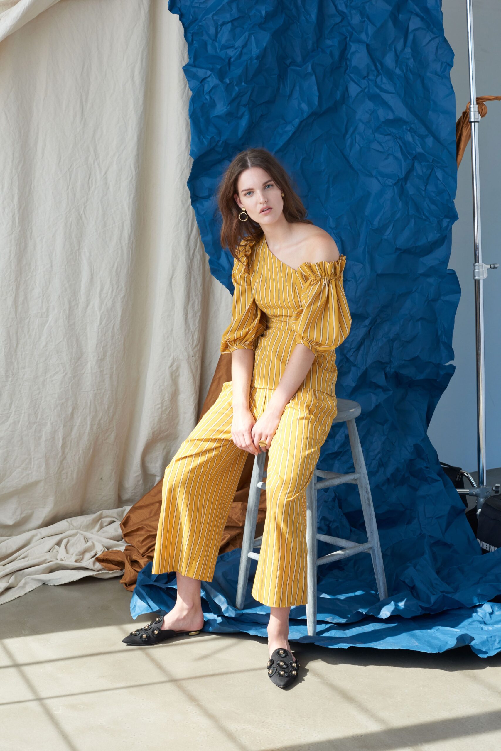yellow striped off-shoulder jumpsuit