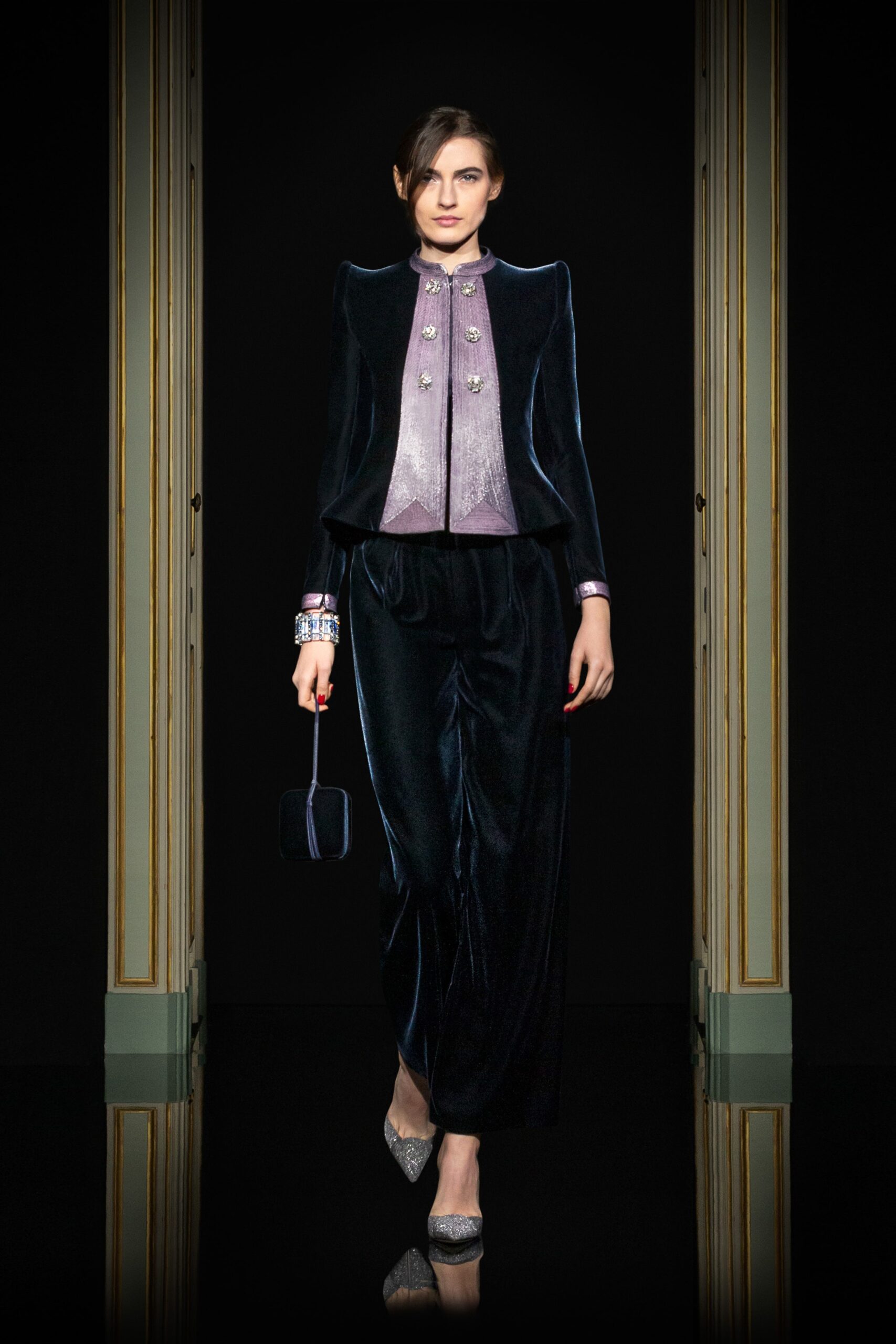 black velvet blazer with purple top