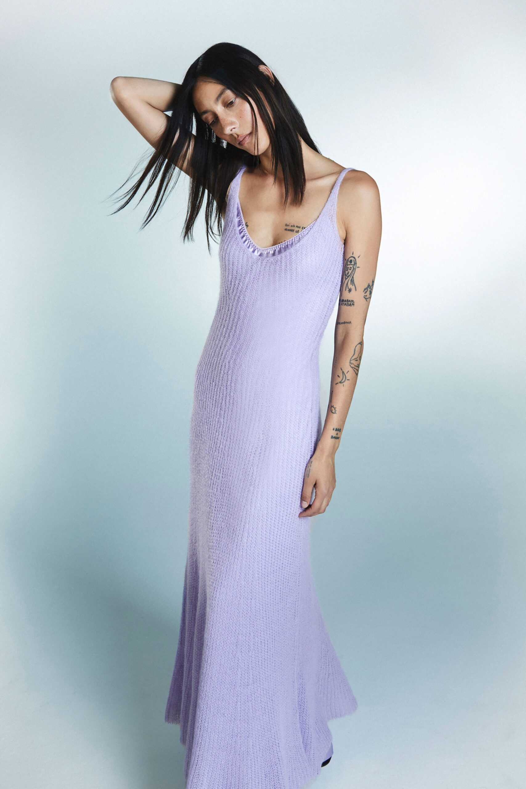 fitted lavender knit maxi dress