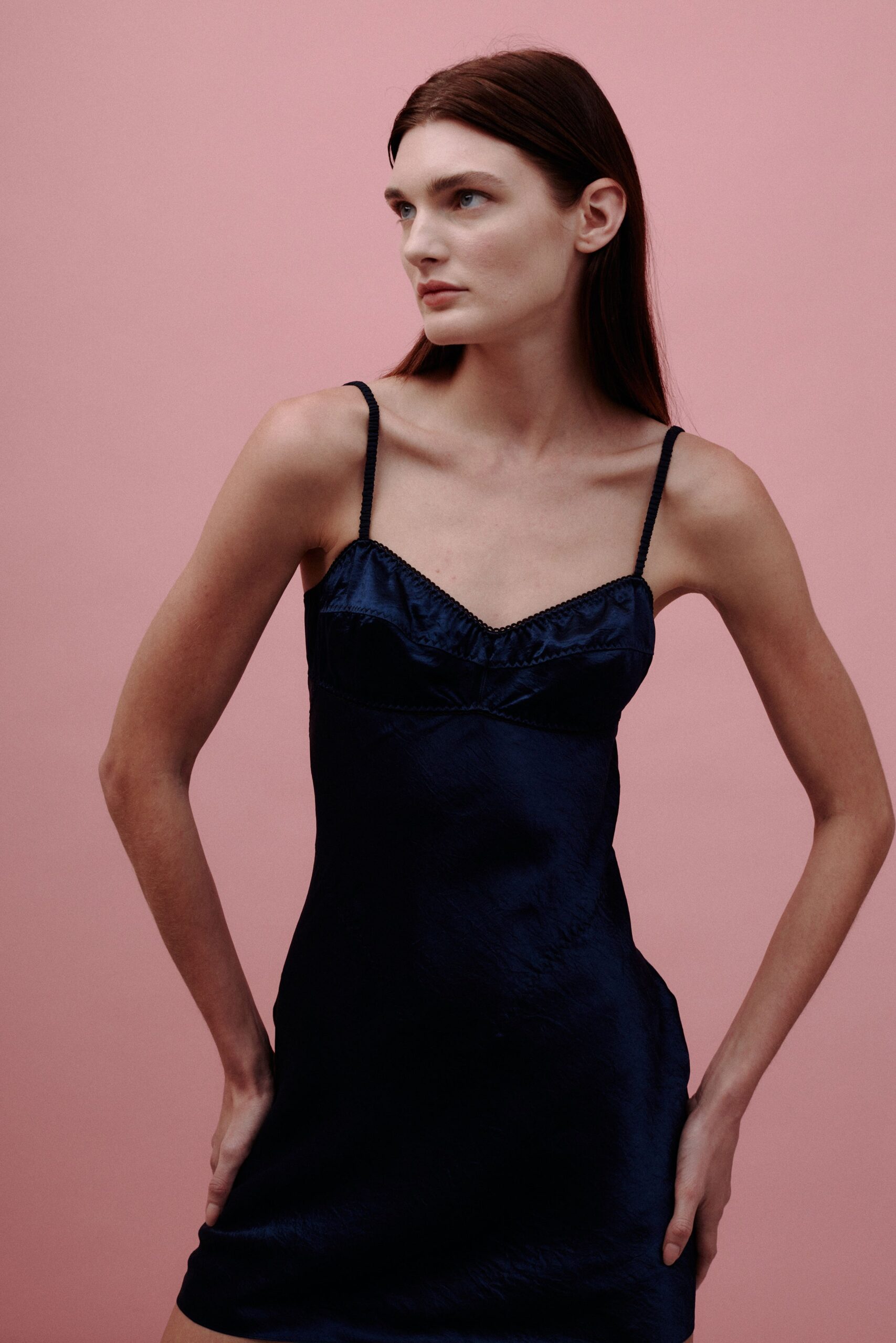 fitted blue silk dress