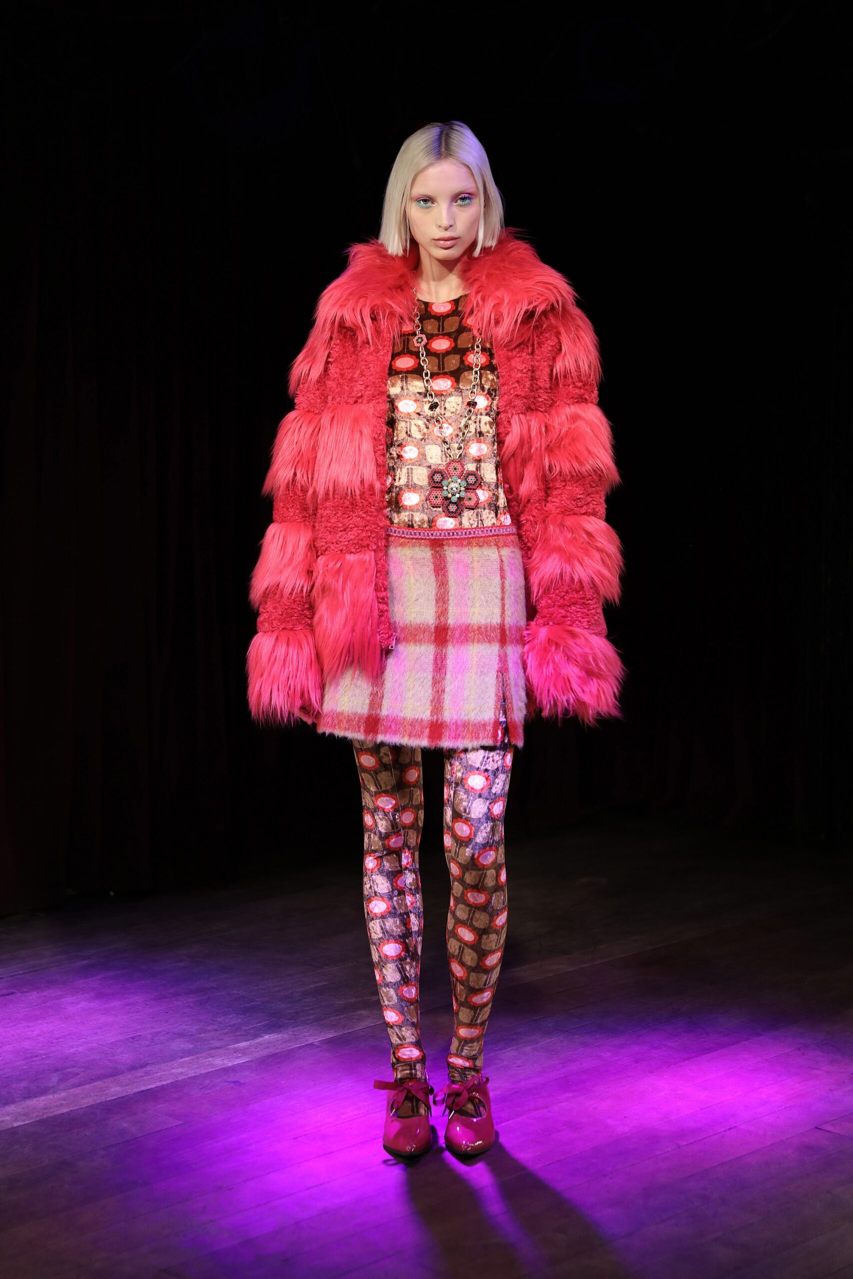 pink faux-fur coat with multi top