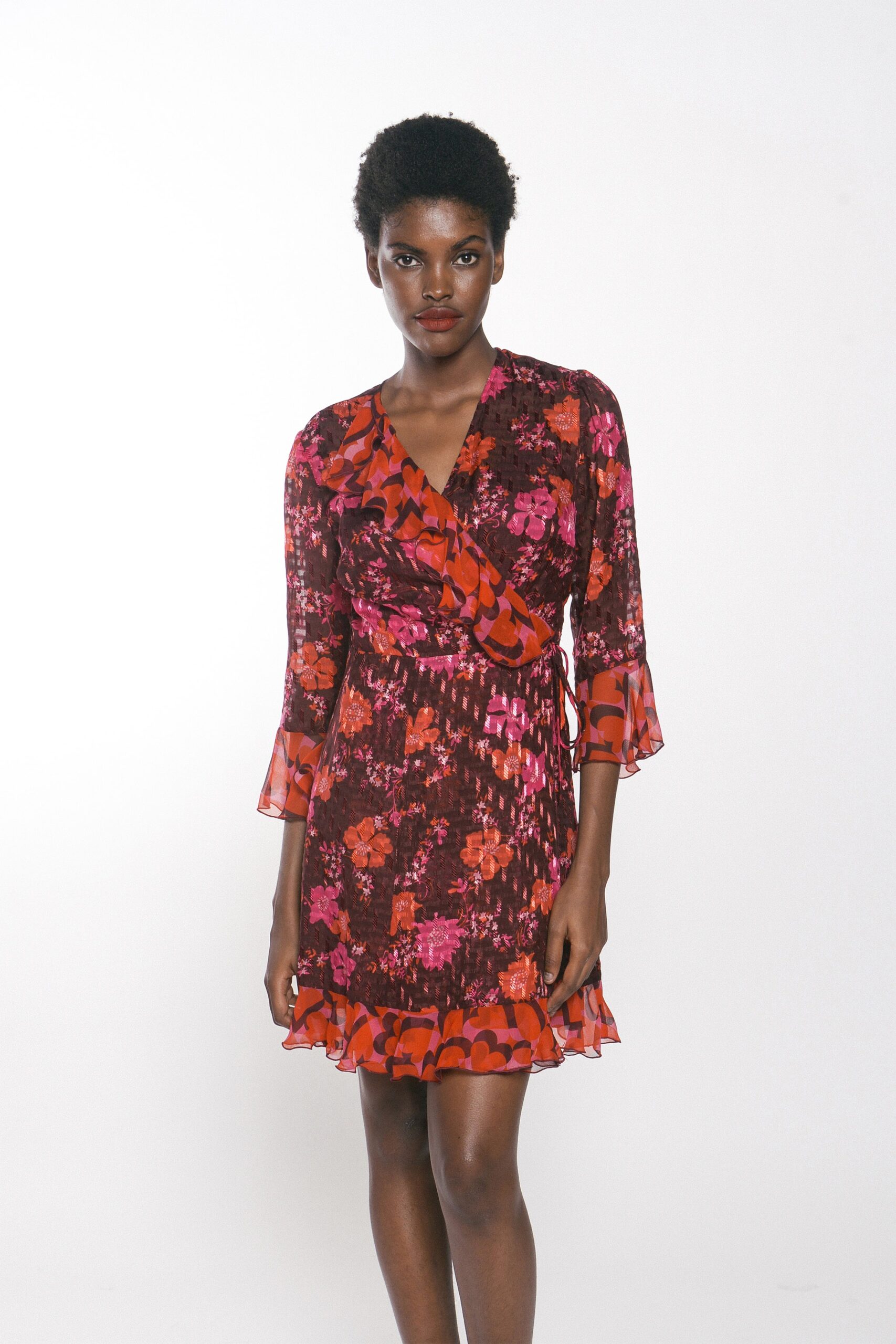 red and pink floral dress