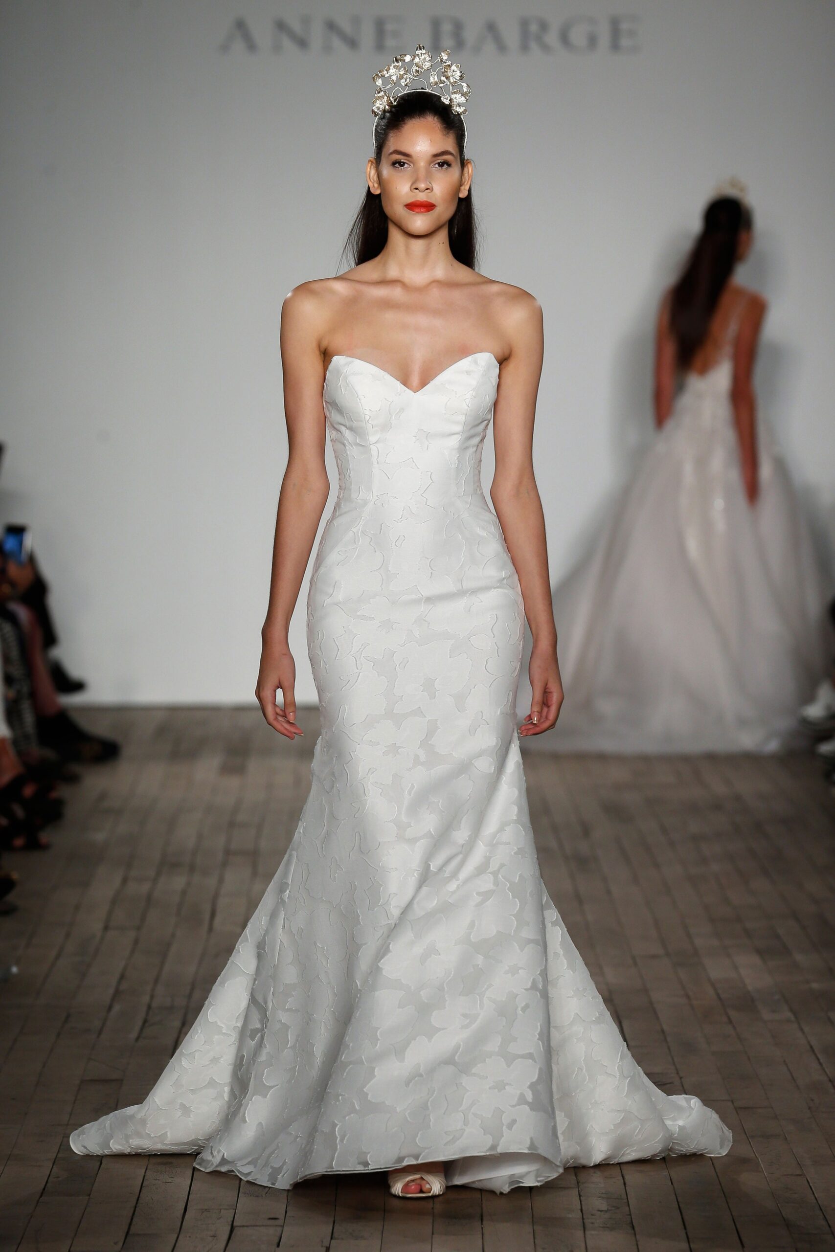 white silk strapless gown