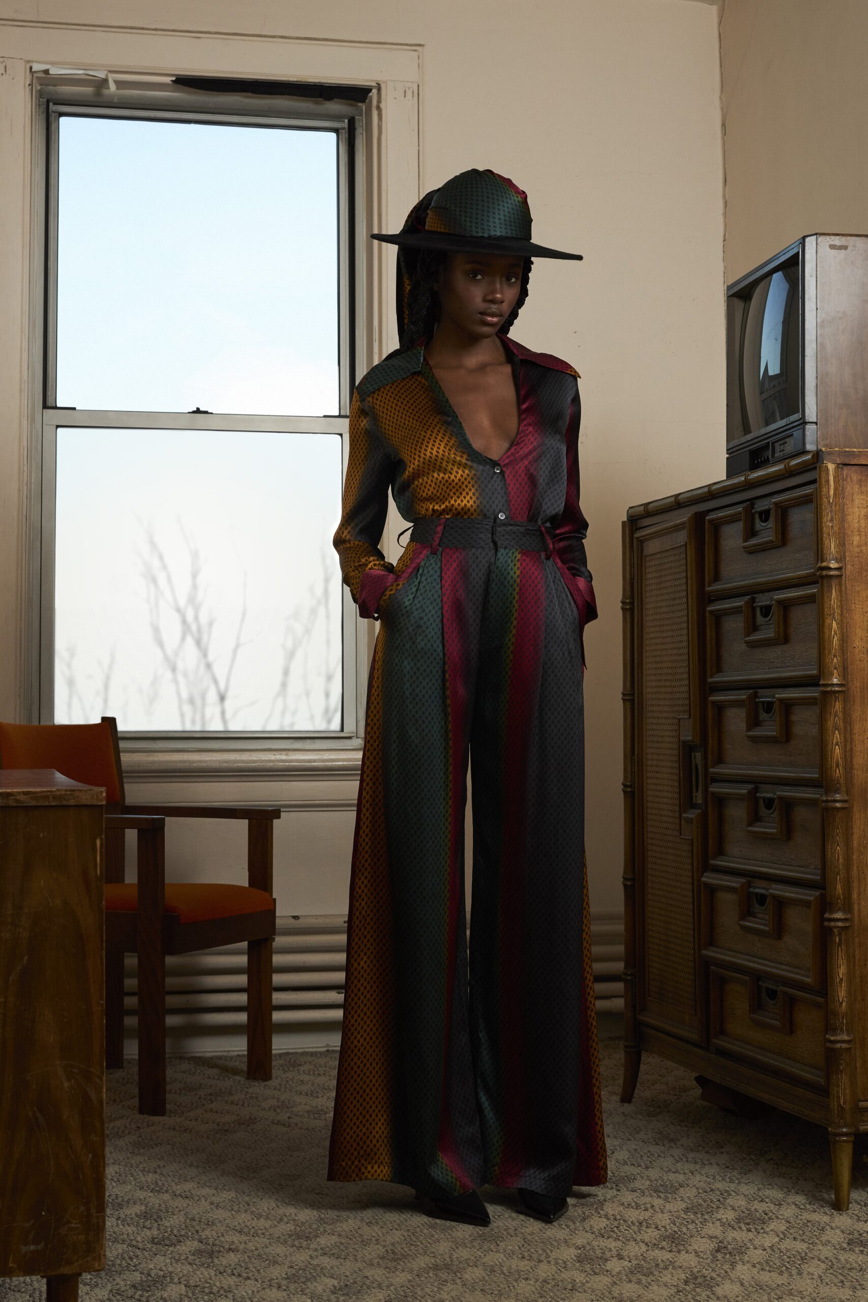 fitted silk jumpsuit with hat