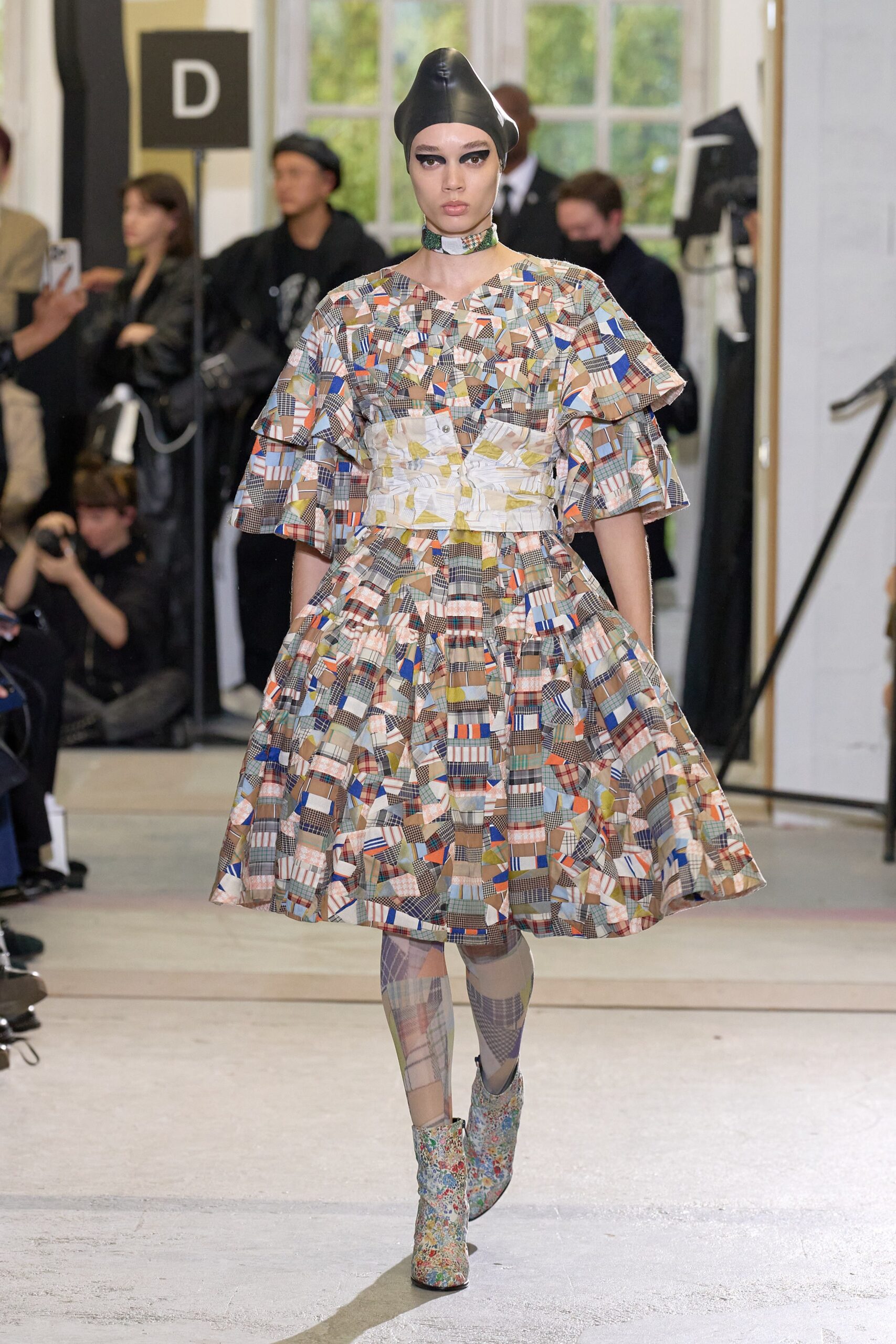 multi-colored tiered dress with embellished boots