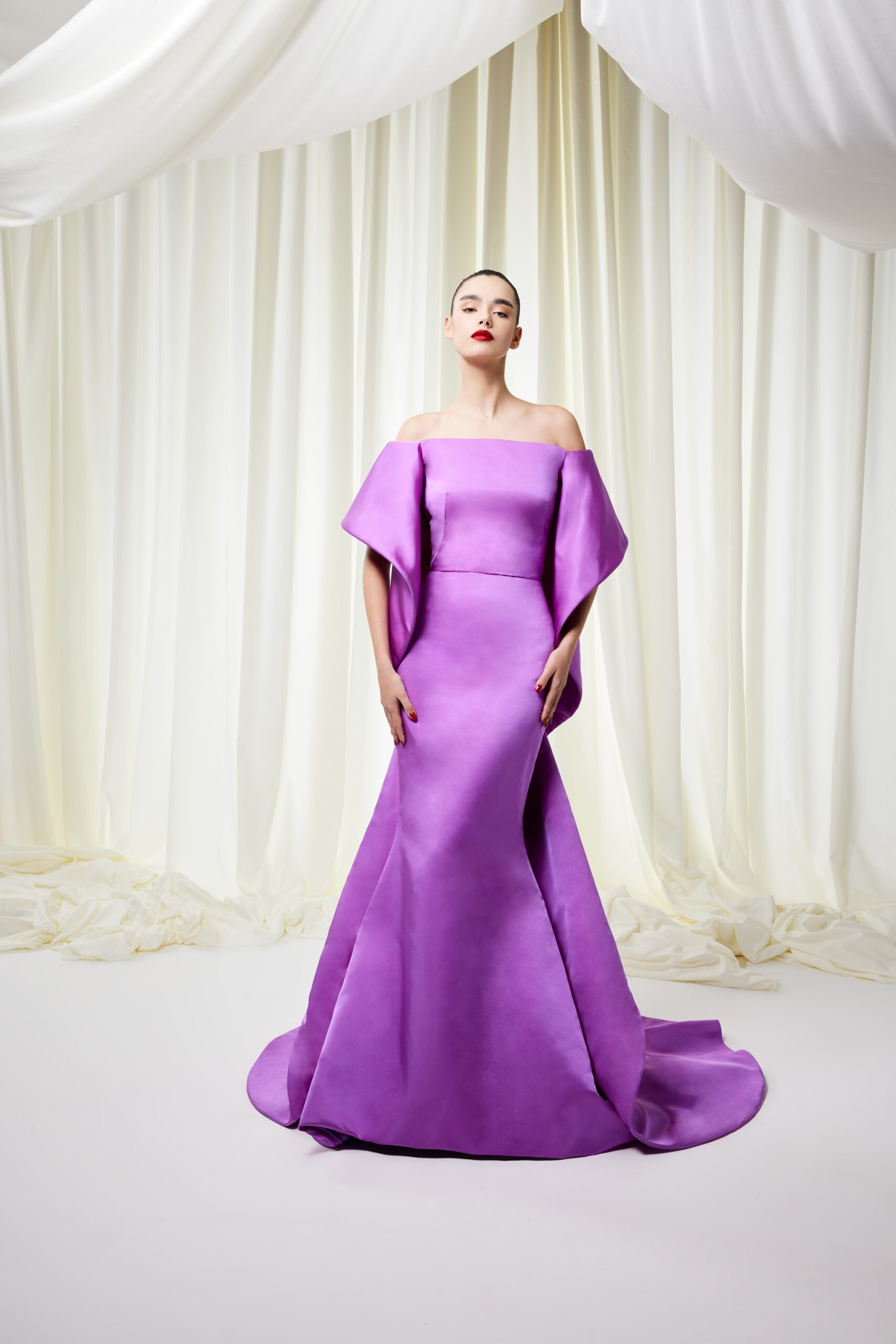 purple silk off-shoulder gown