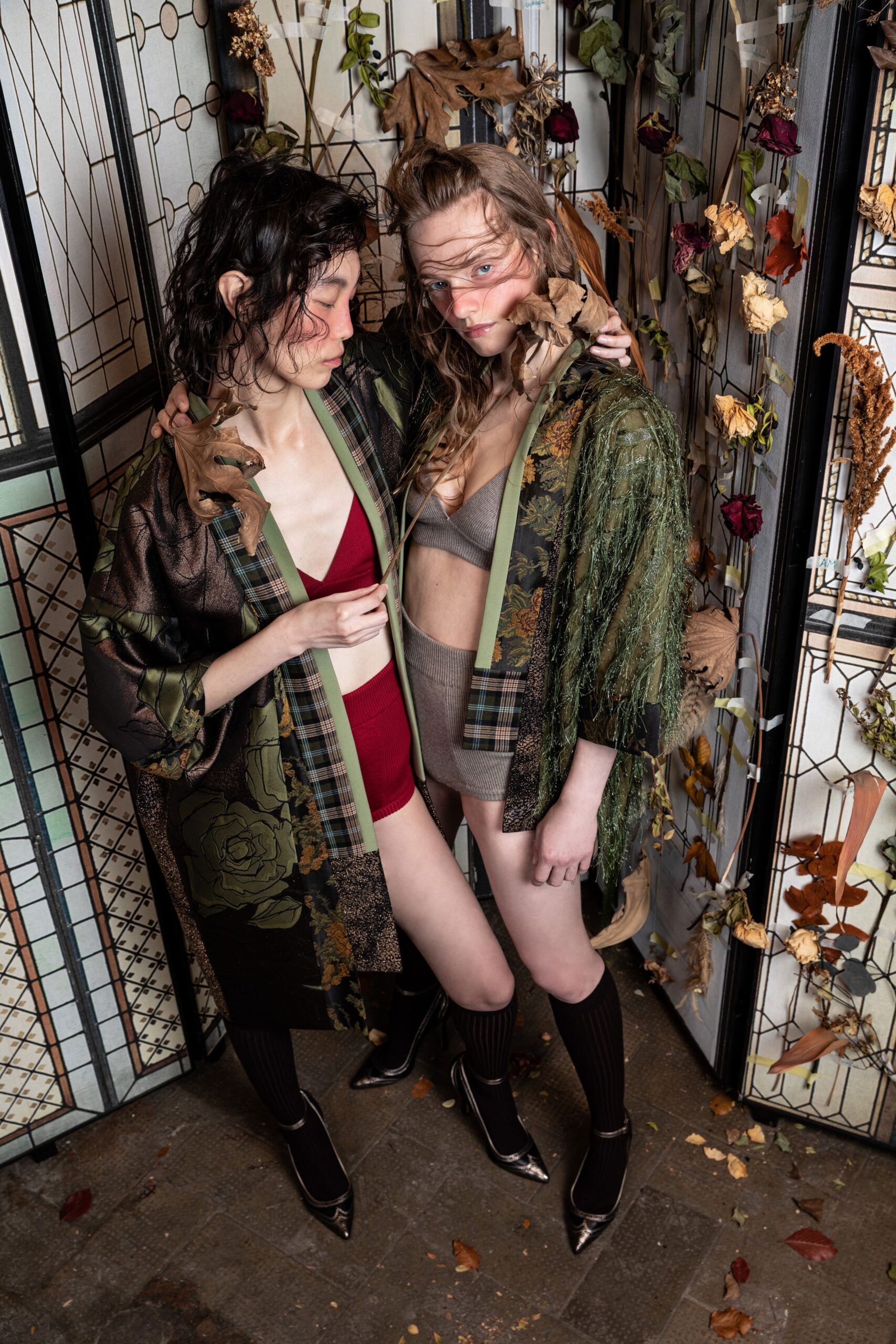 green silk kimono with red bikini