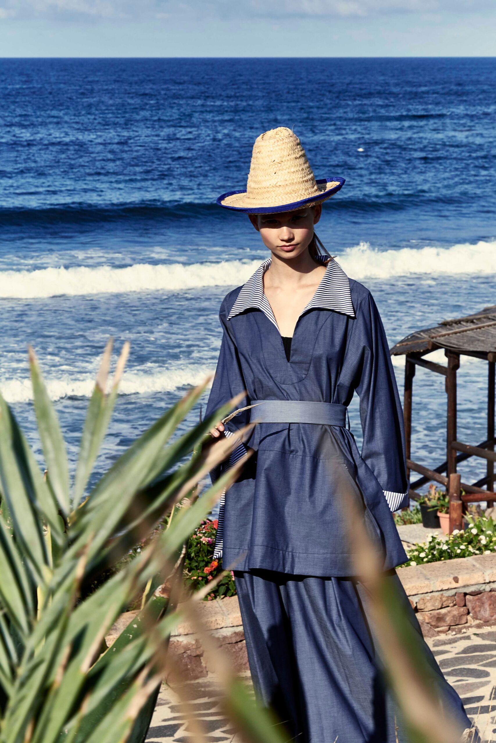 blue relaxed top with wide-leg pants