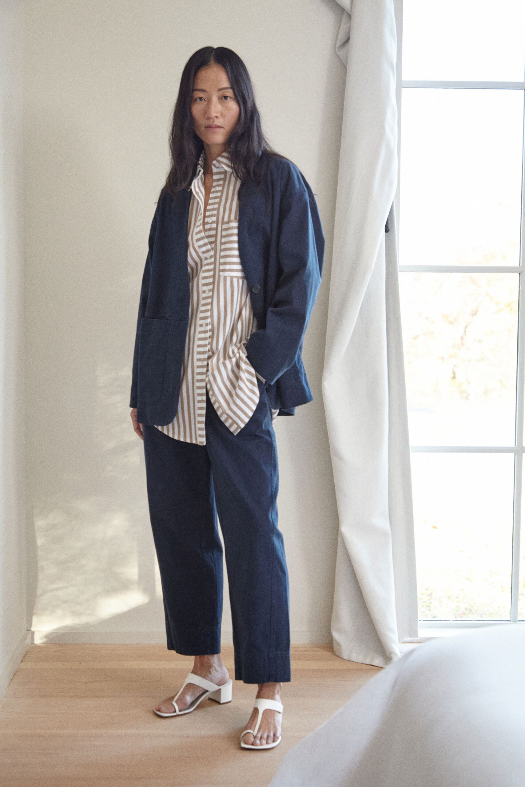 blue cotton relaxed jacket with striped shirt
