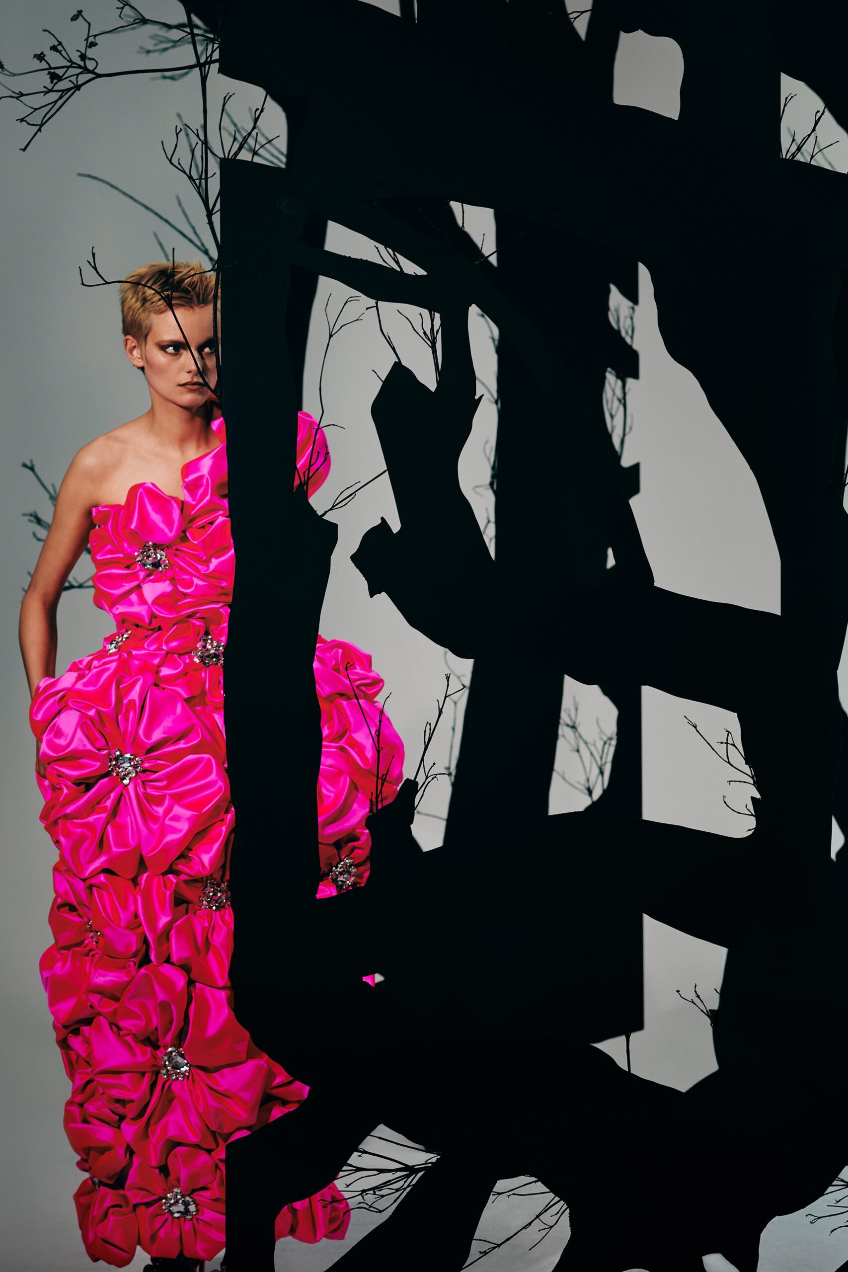 pink ruffled strapless gown
