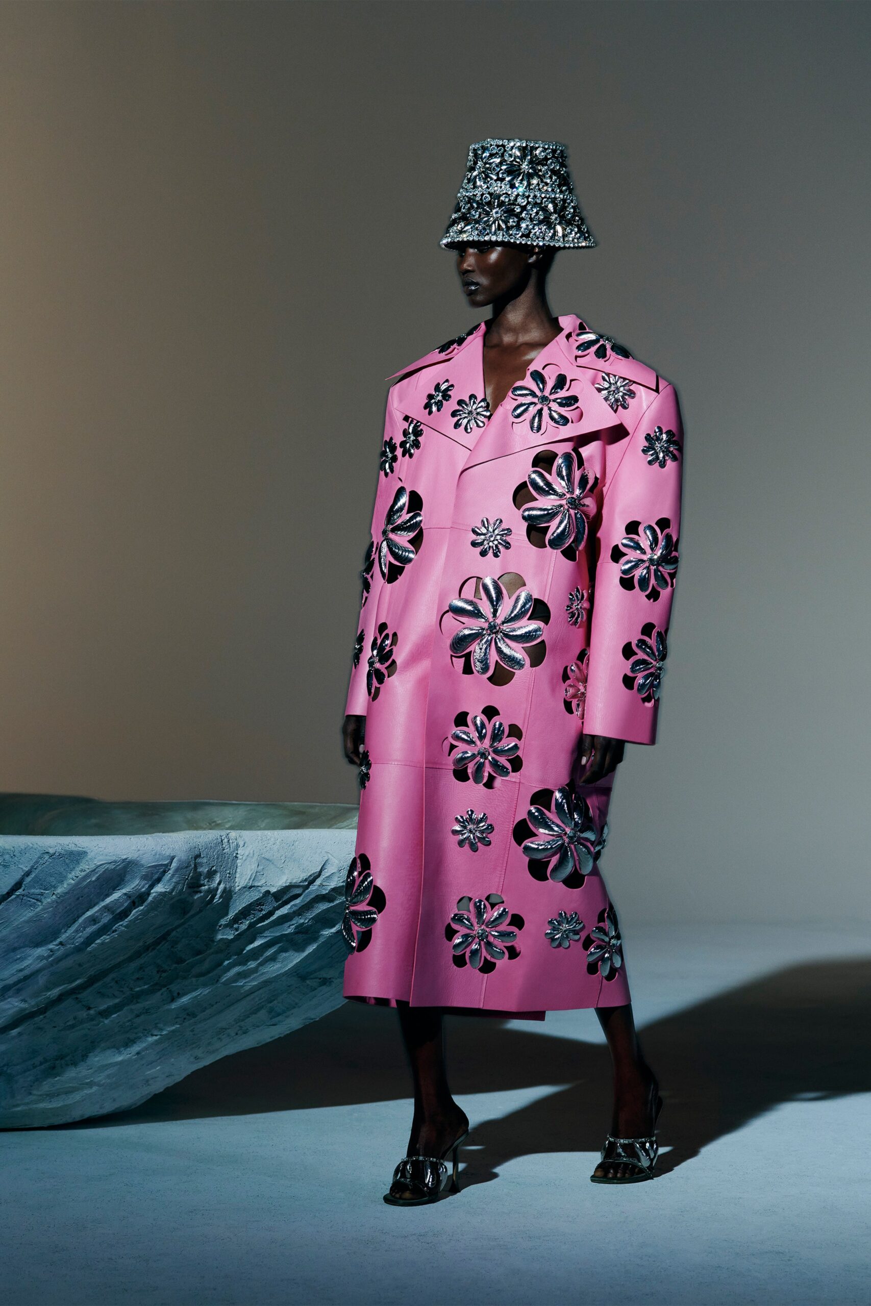 pink vinyl long-sleeve collared fitted floral buttoned coat