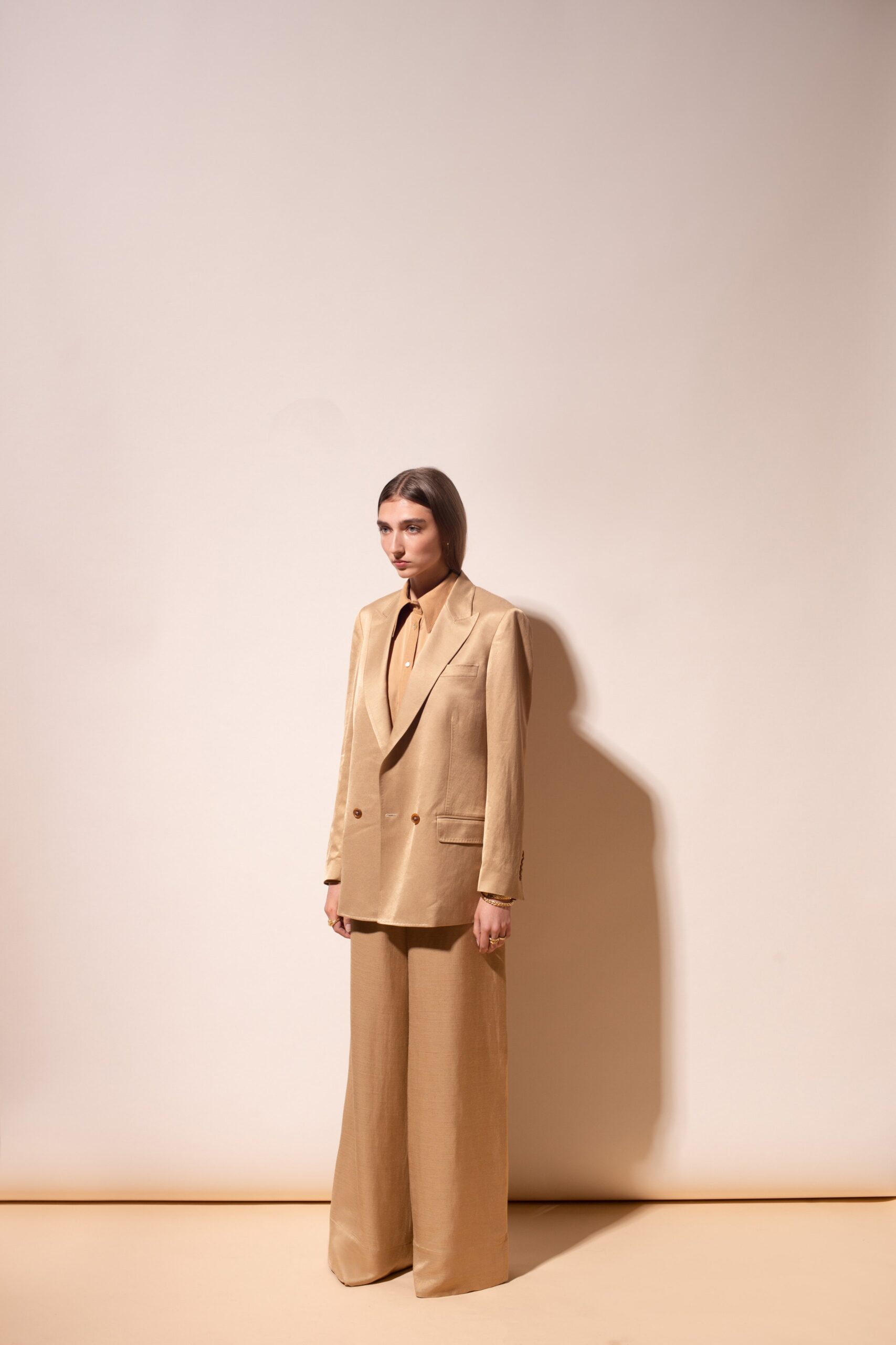 beige silk tailored suit
