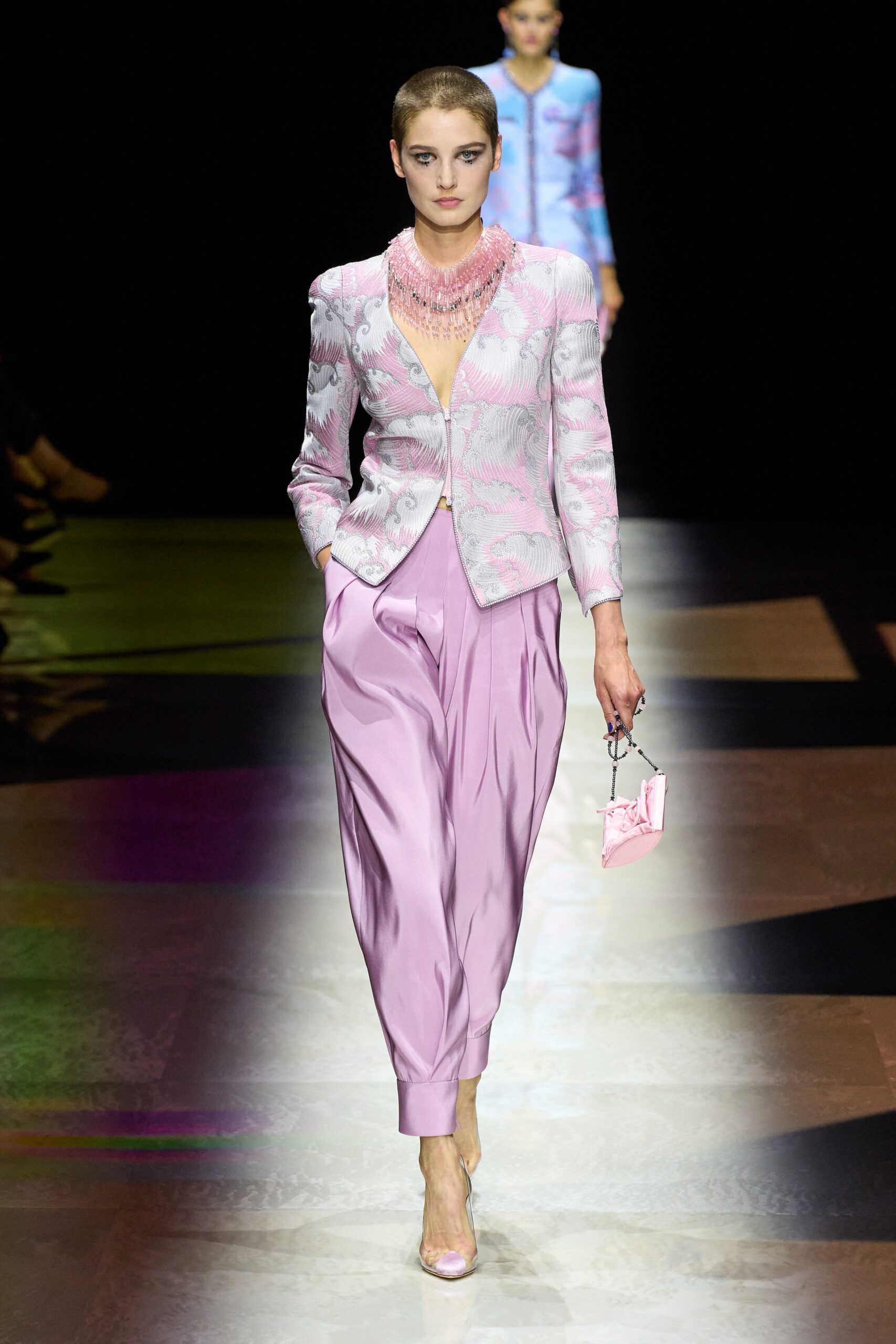 pink embroidered blazer and pants