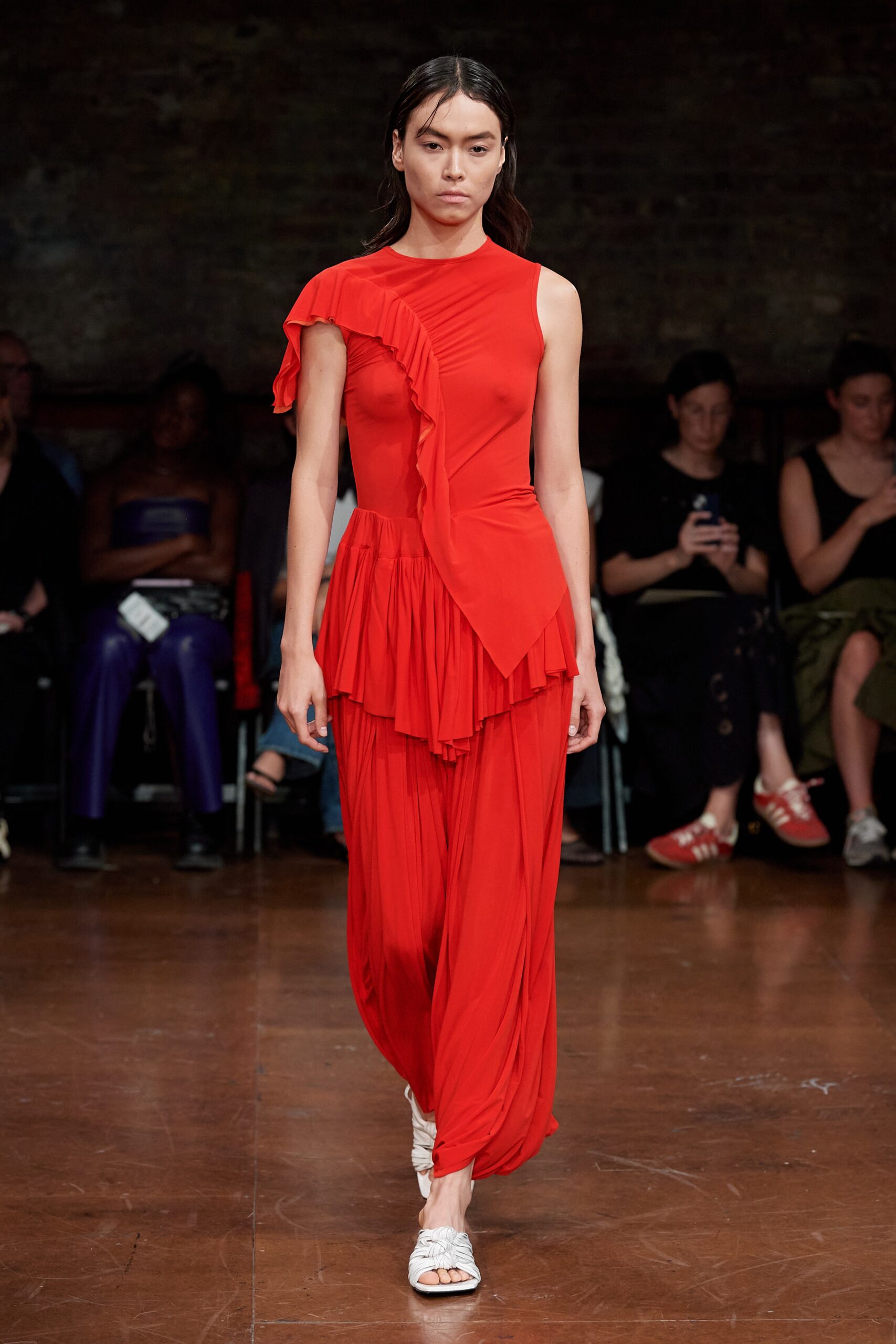 red pleated asymmetric dress
