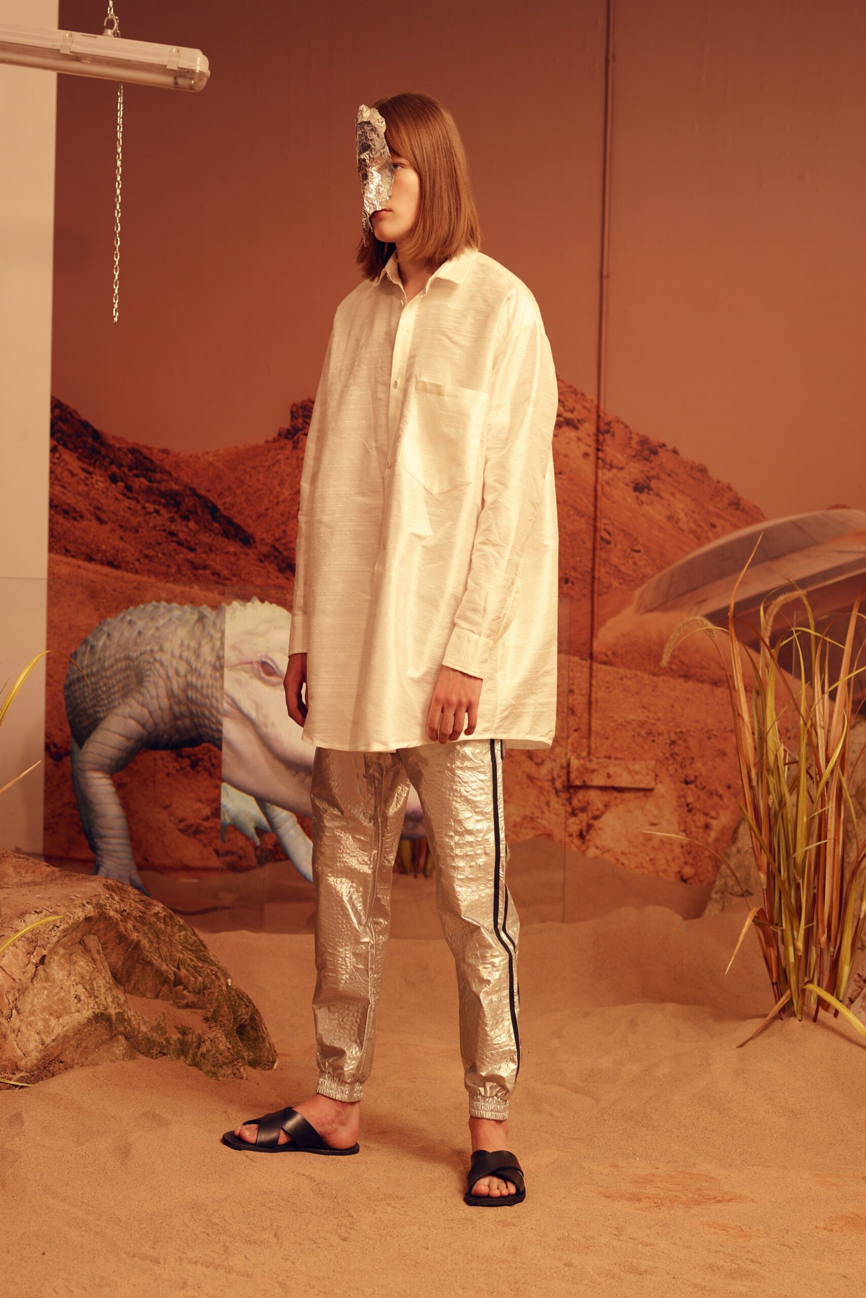 gray vinyl relaxed zippered shiny pants