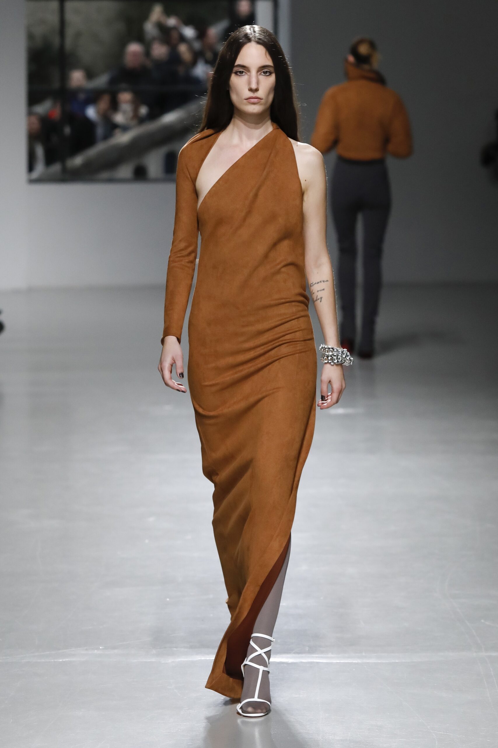 fitted brown suede asymmetric dress