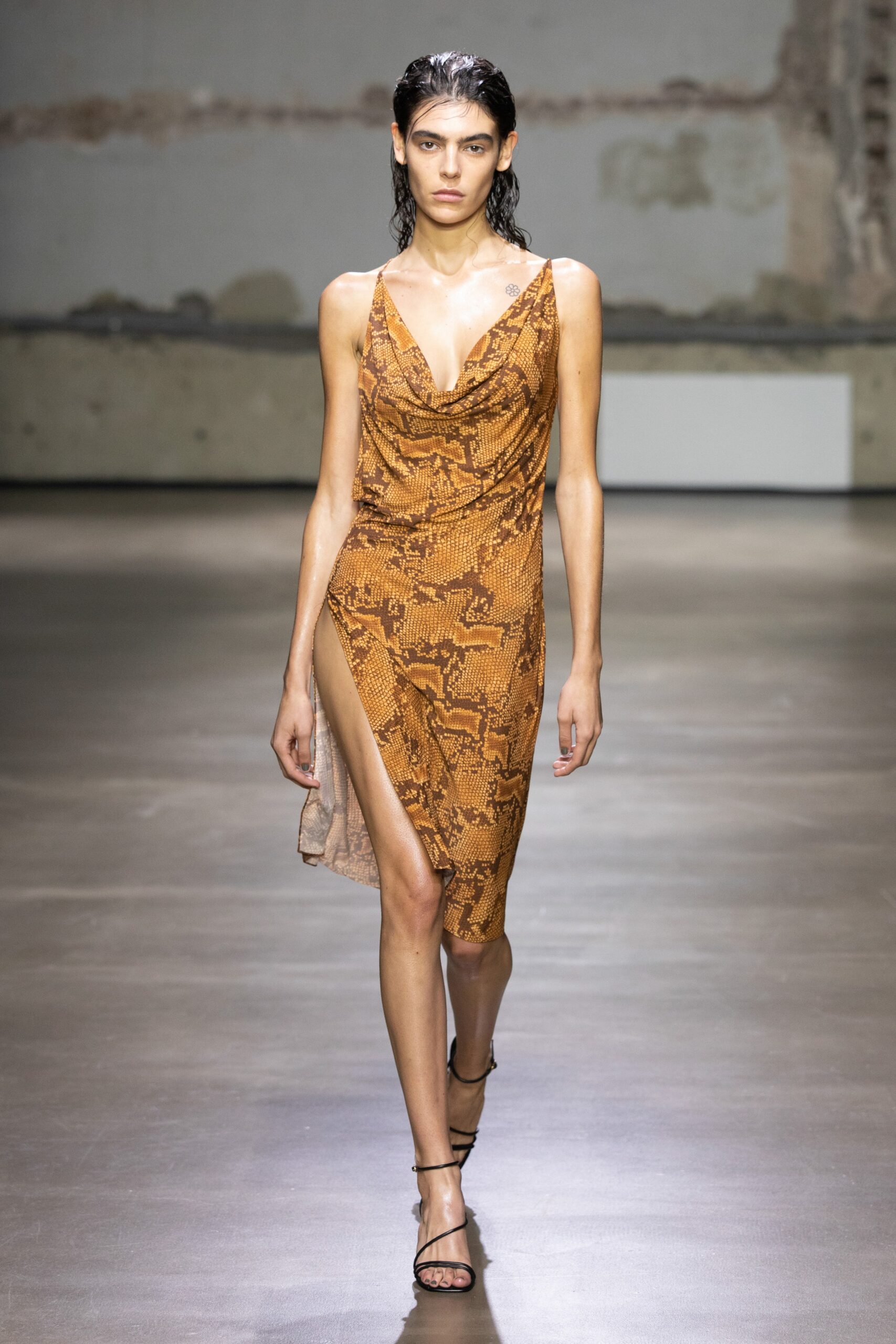 brown silk fitted midi dress