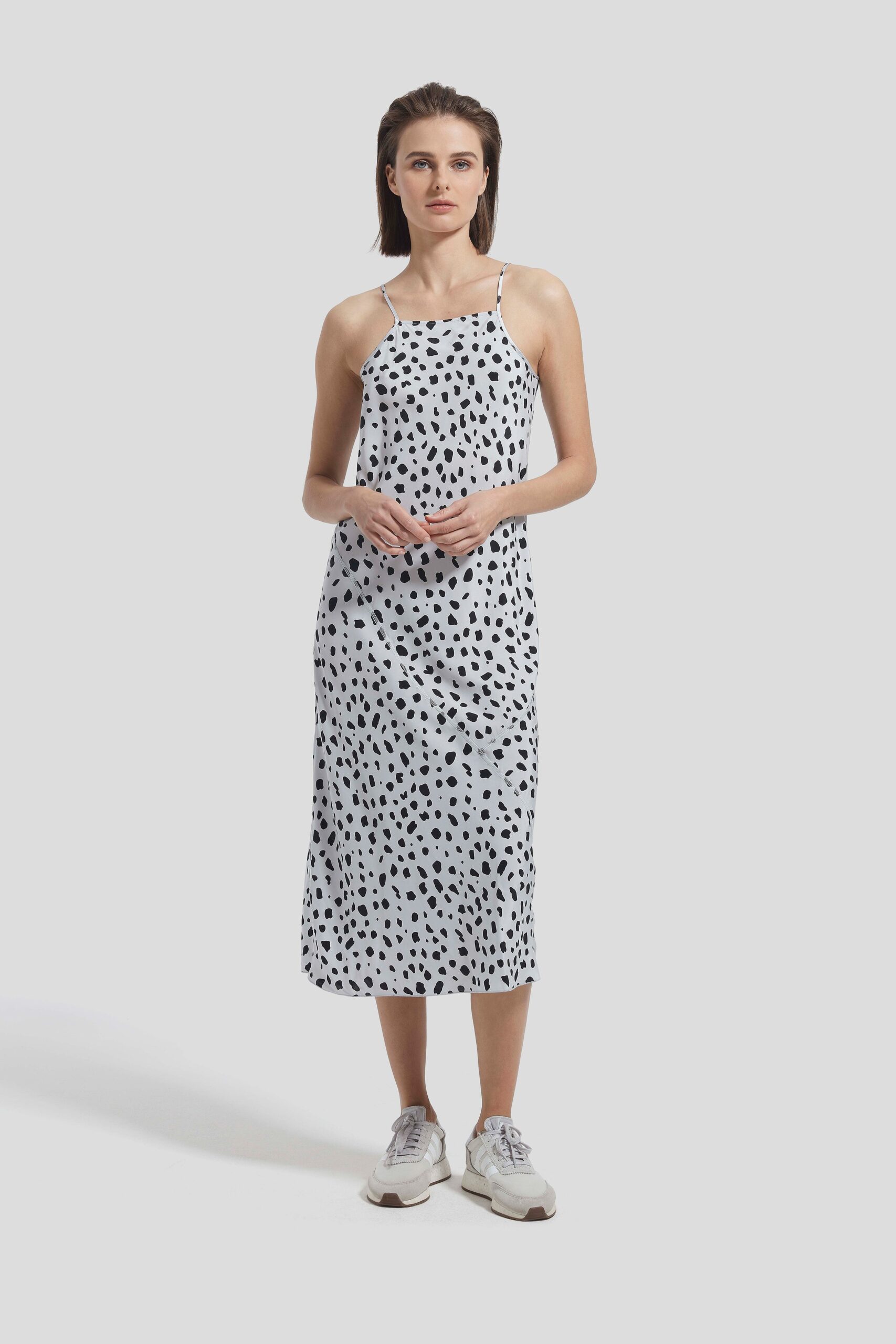 white black polka-dot midi dress