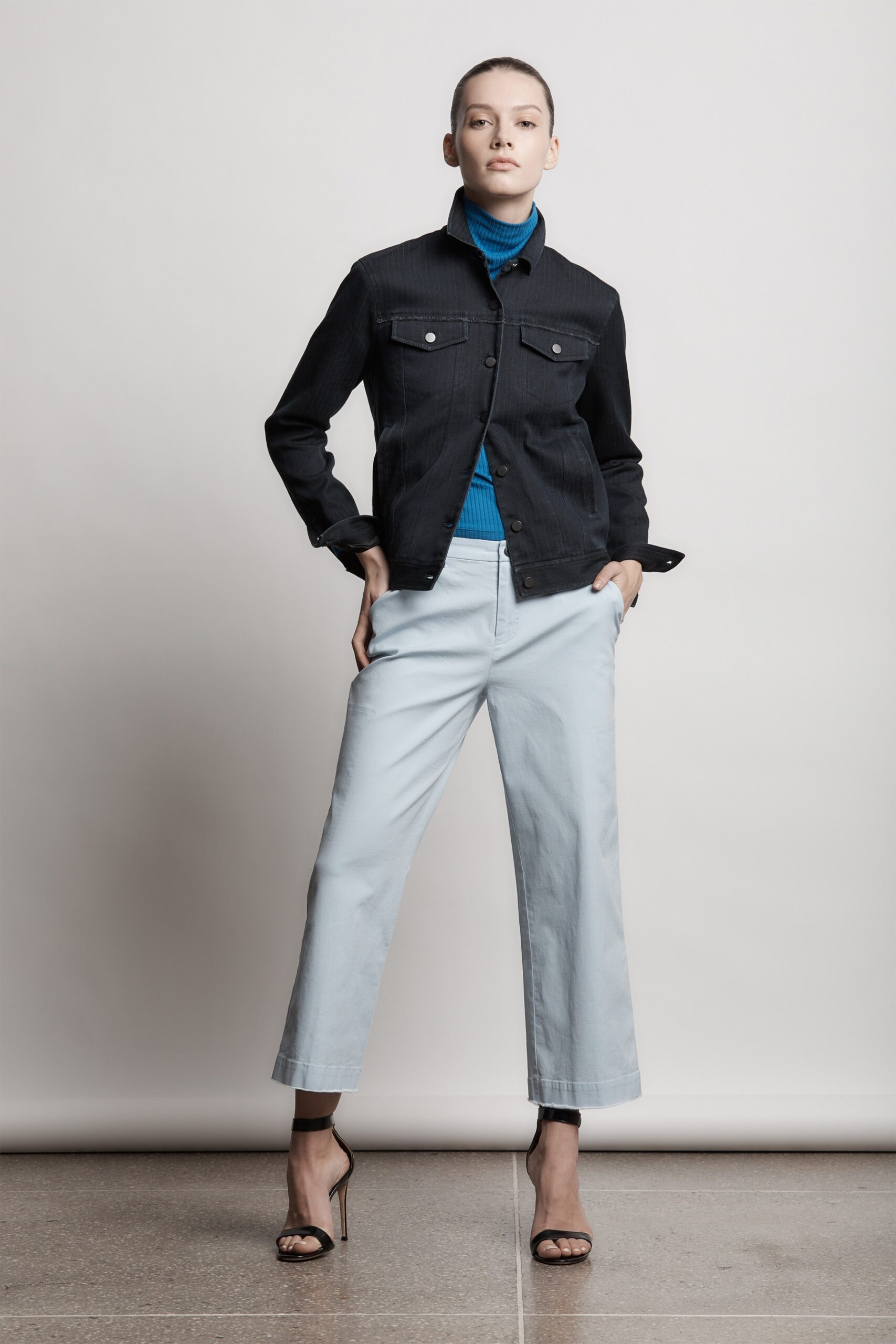 black denim jacket with blue top