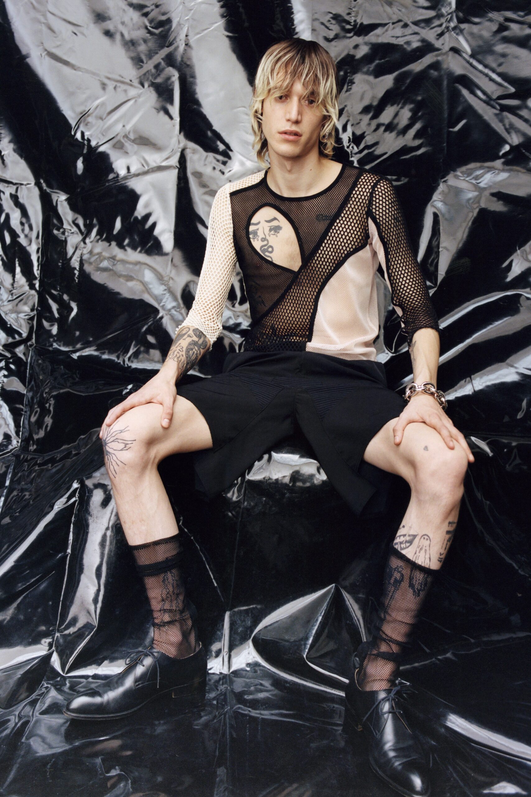black mesh top and shorts