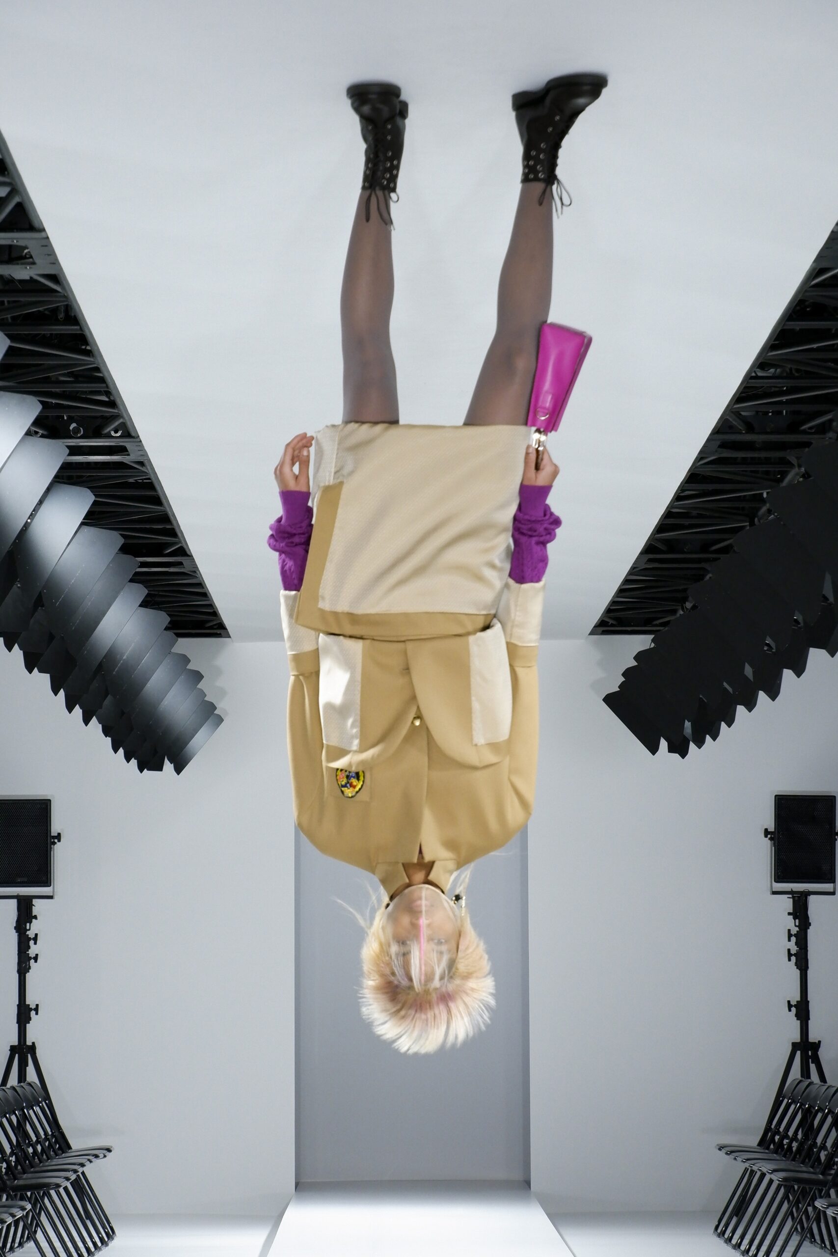 beige coat with mini skirt