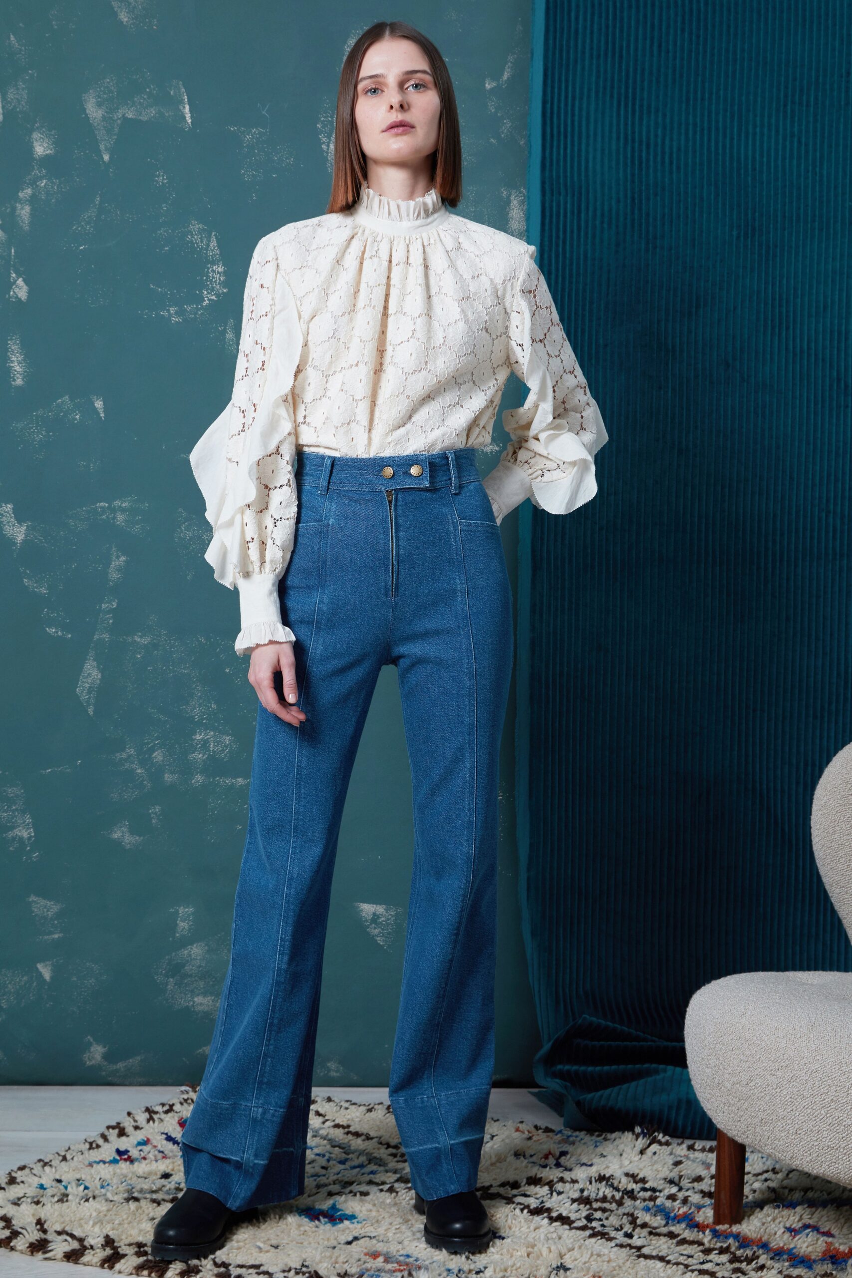 white lace blouse and blue denim pants