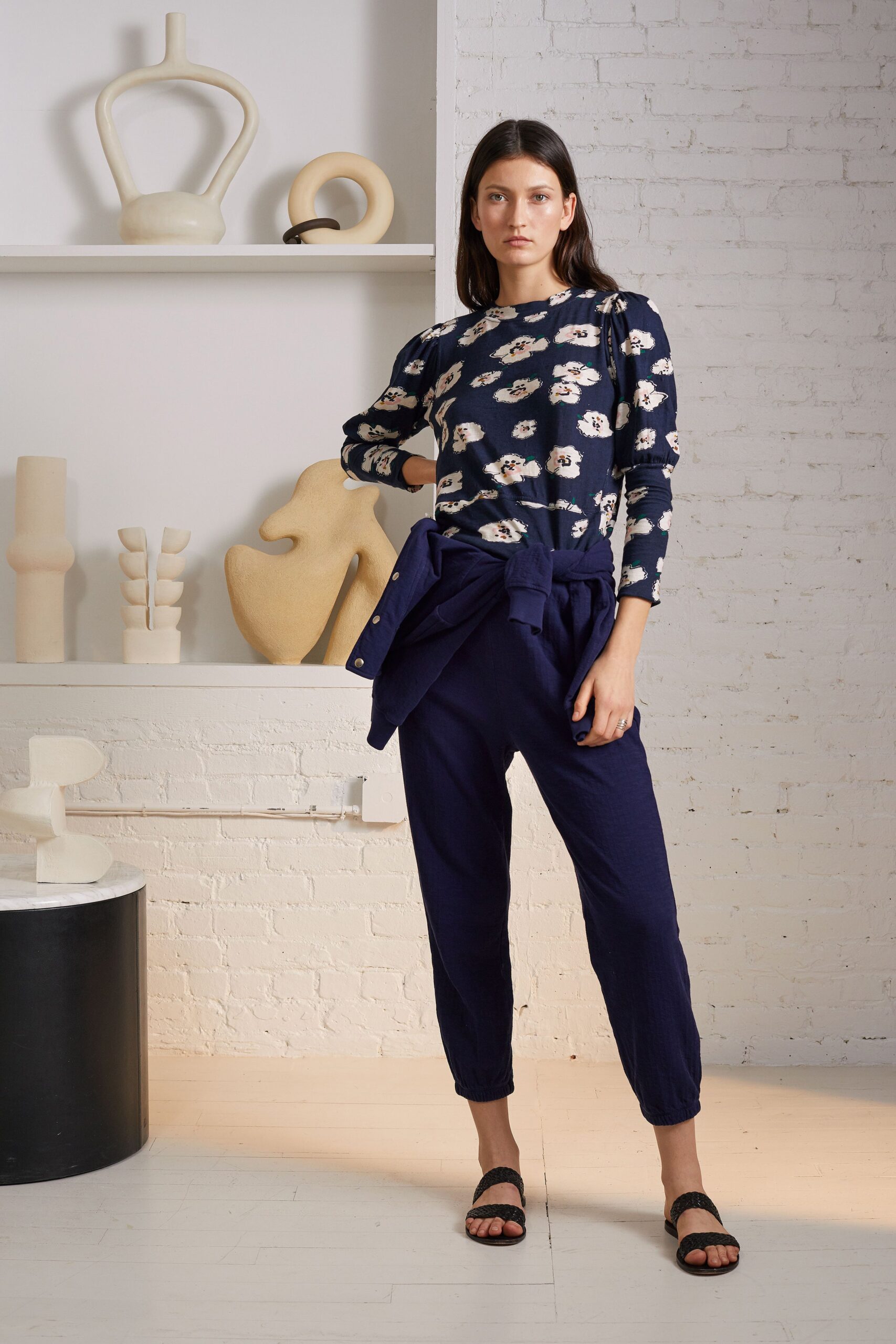 blue printed fitted top with navy pants