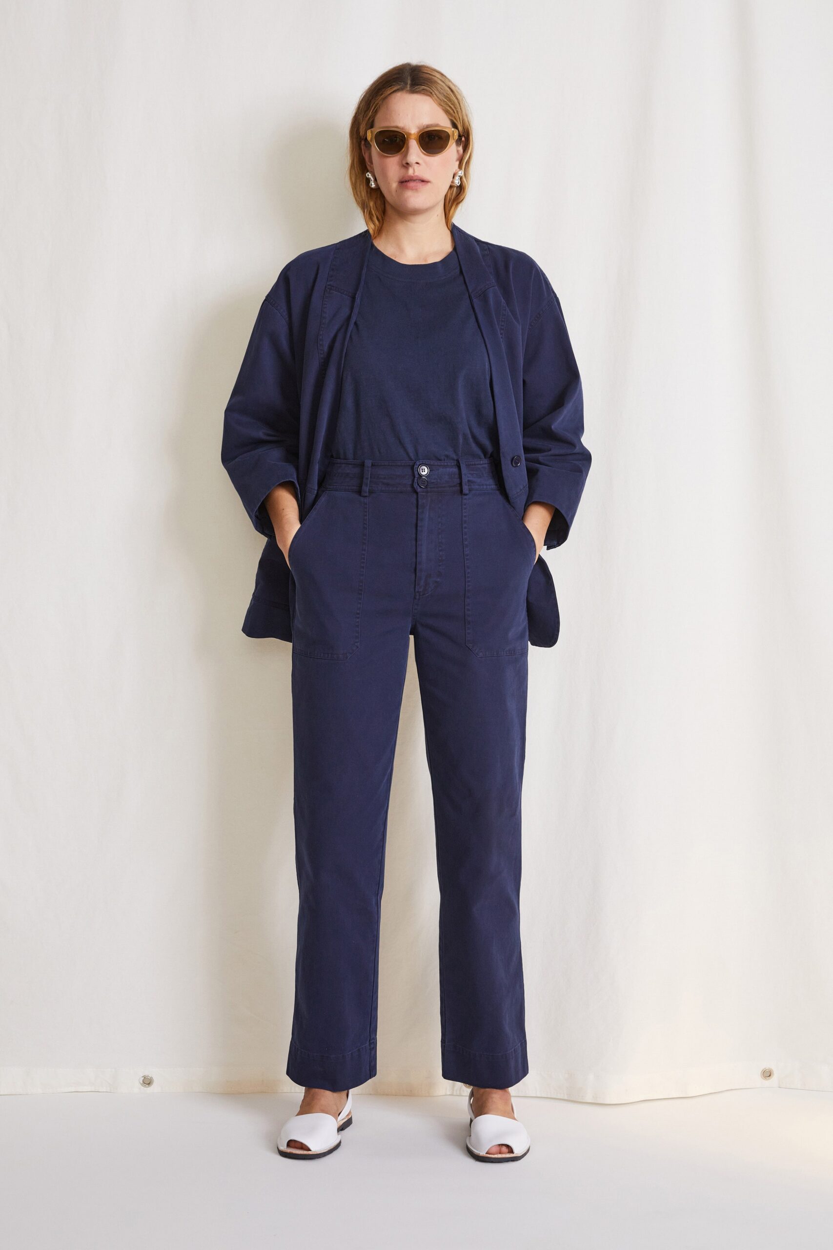 blue relaxed blazer with t-shirt and pants