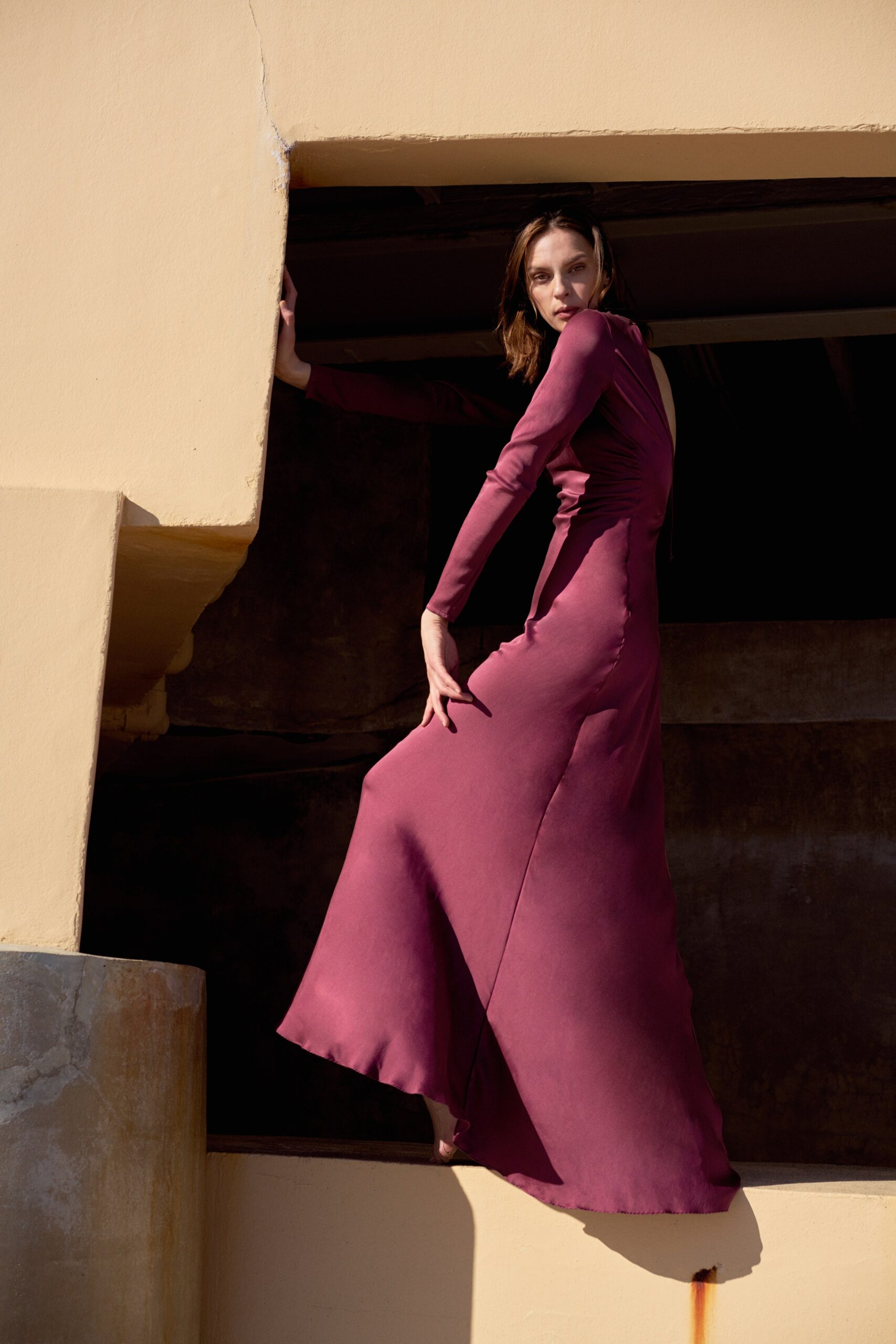 fitted maroon silk gown