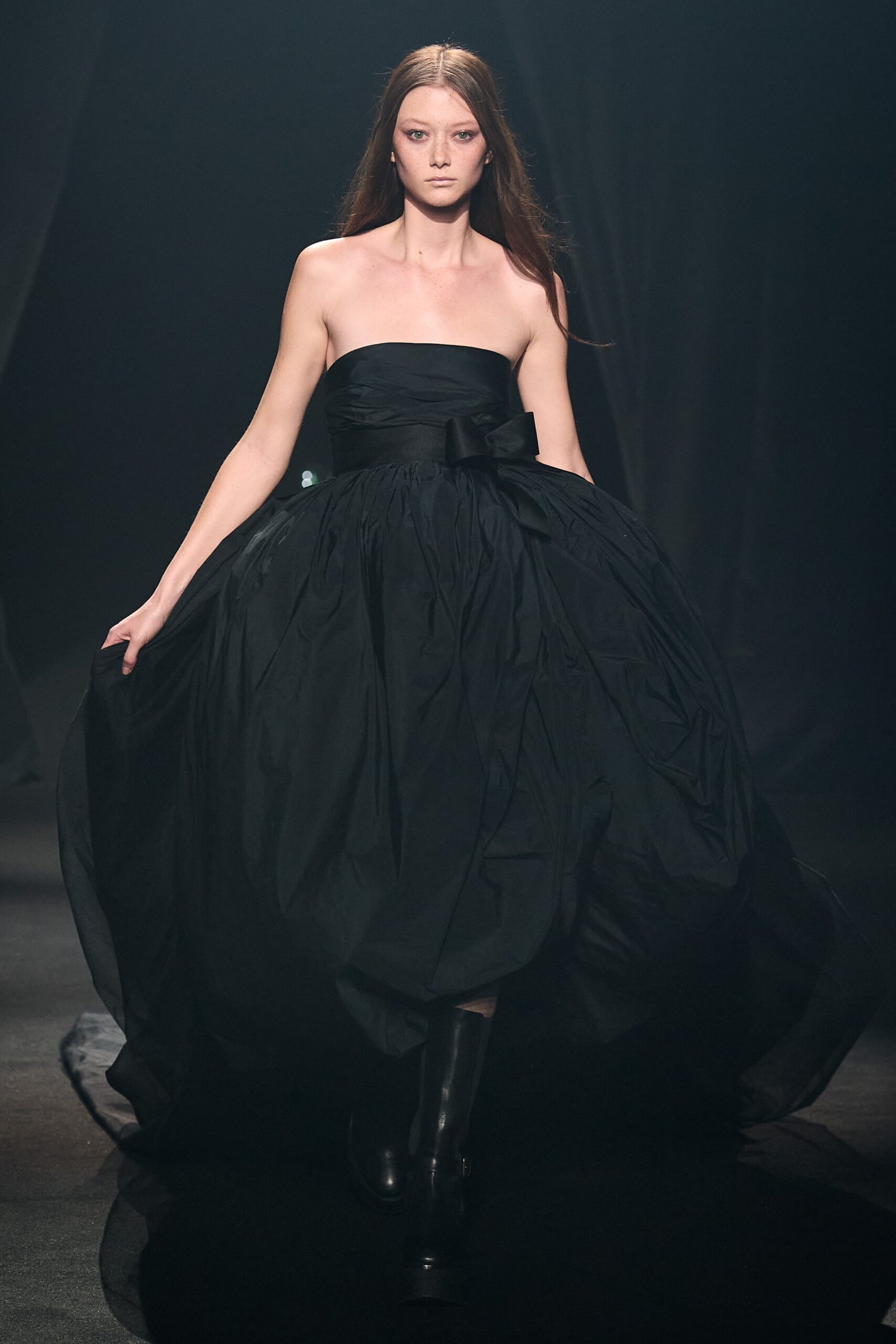 black silk strapless gown