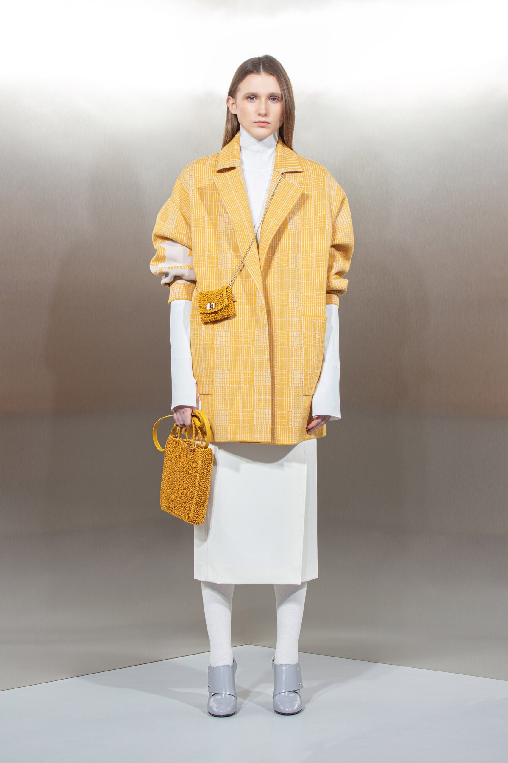 yellow cotton long-sleeve collared oversized checked jacket