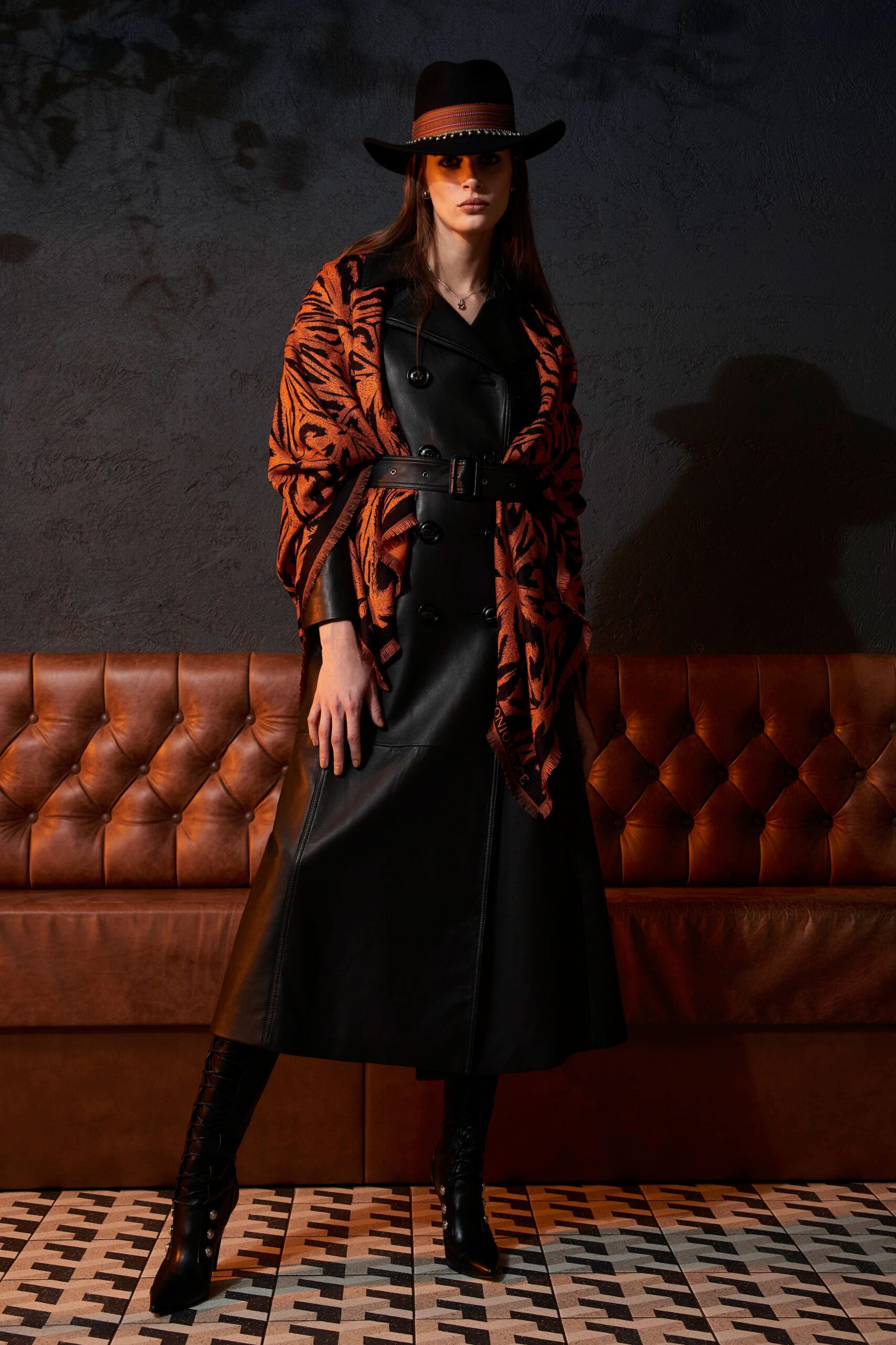 black leather midi dress with scarf
