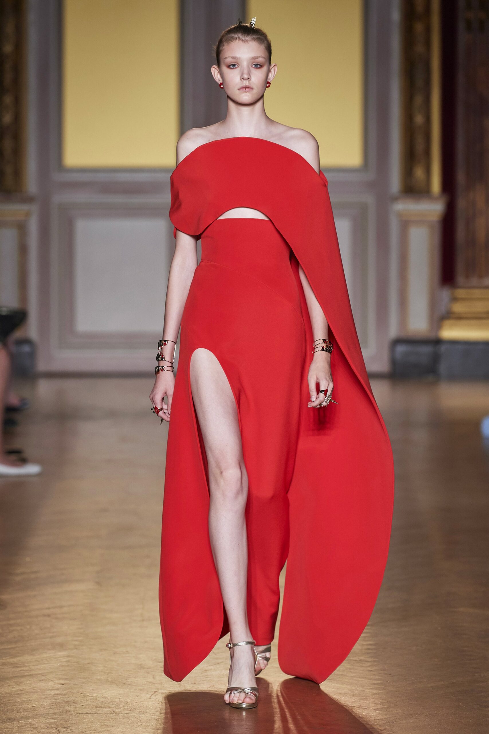red silk off-shoulder gown