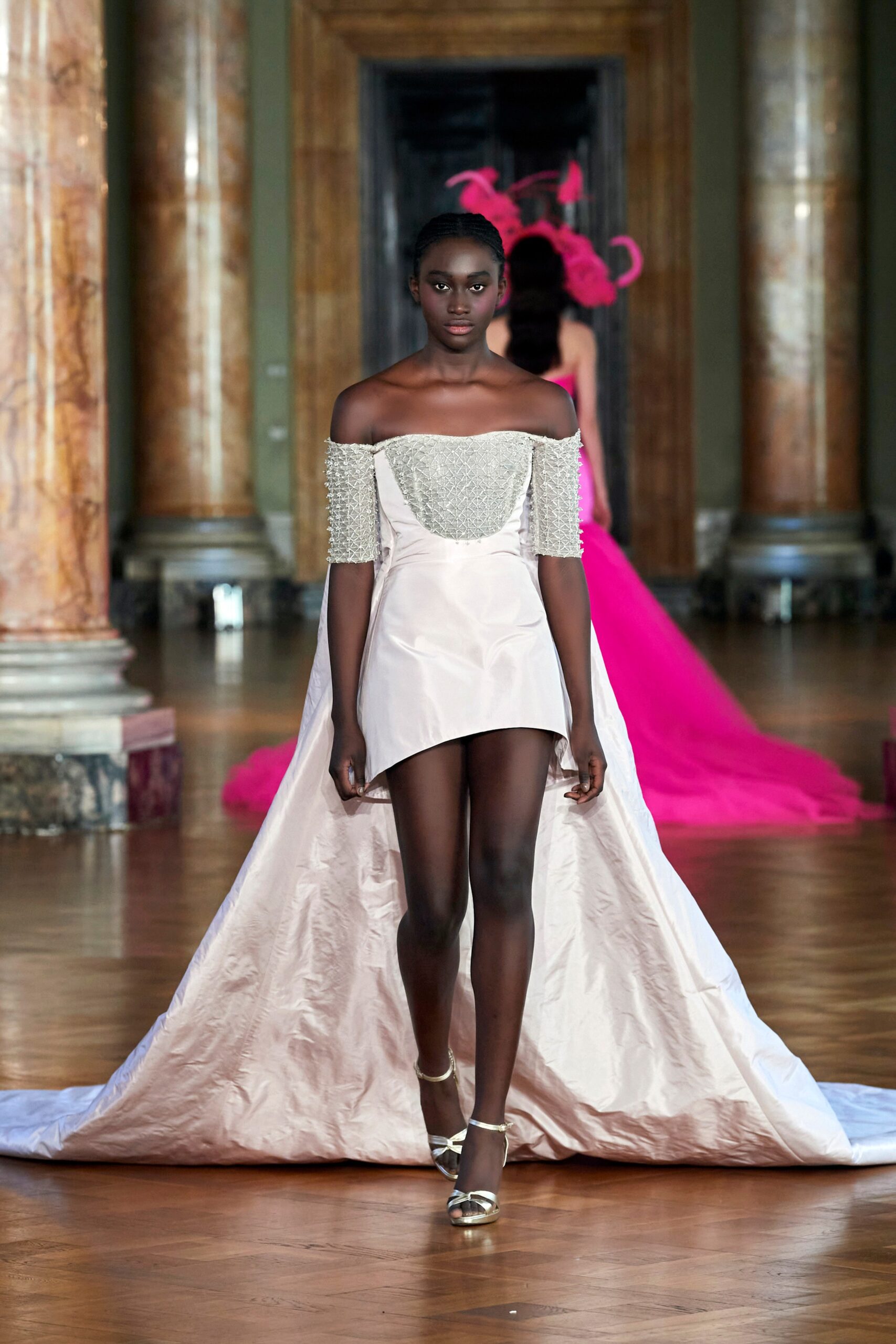 beige silk off-shoulder fitted draped mini gown