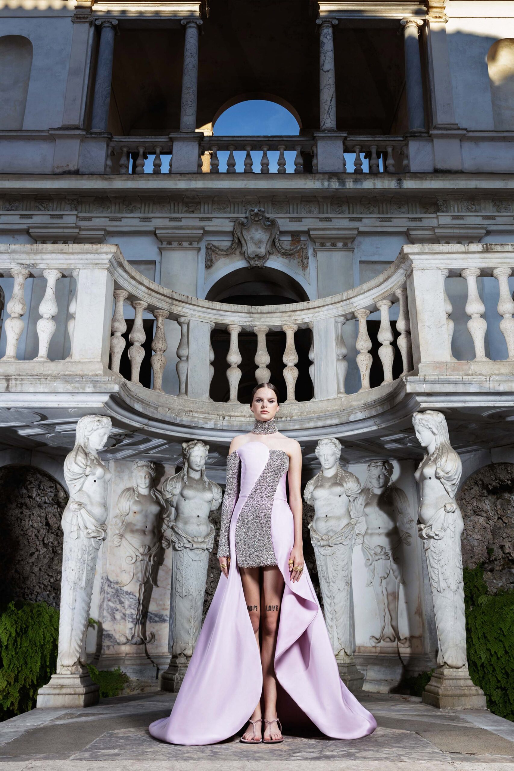 pink silk asymmetric gown